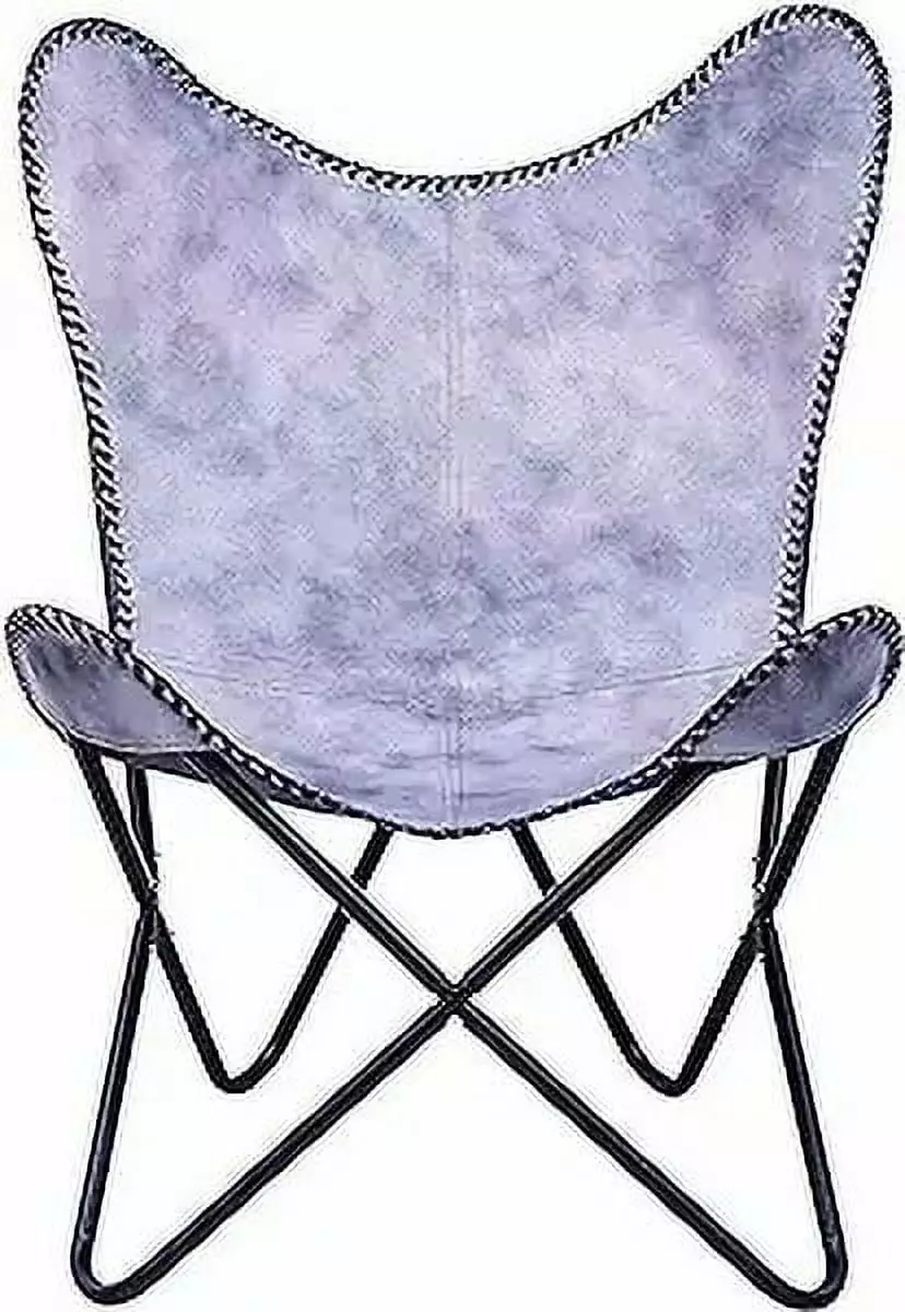 Rajeriya Grey Leather Butterfly Arm Chair Powder Coated Folding Iron Frame - Handmade Vintage Design