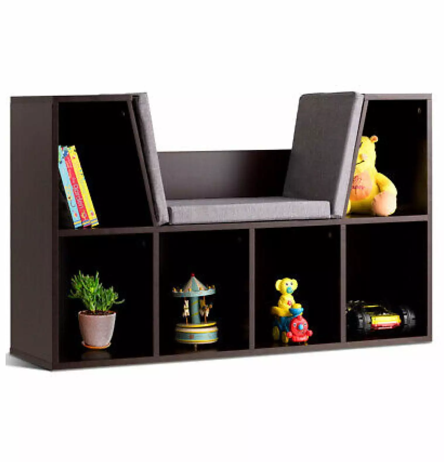 Depot Esh 6 Cubby Kid Storage Cabinet Cushioned Bookcase Multi-Purpose Reading Shelf Brown