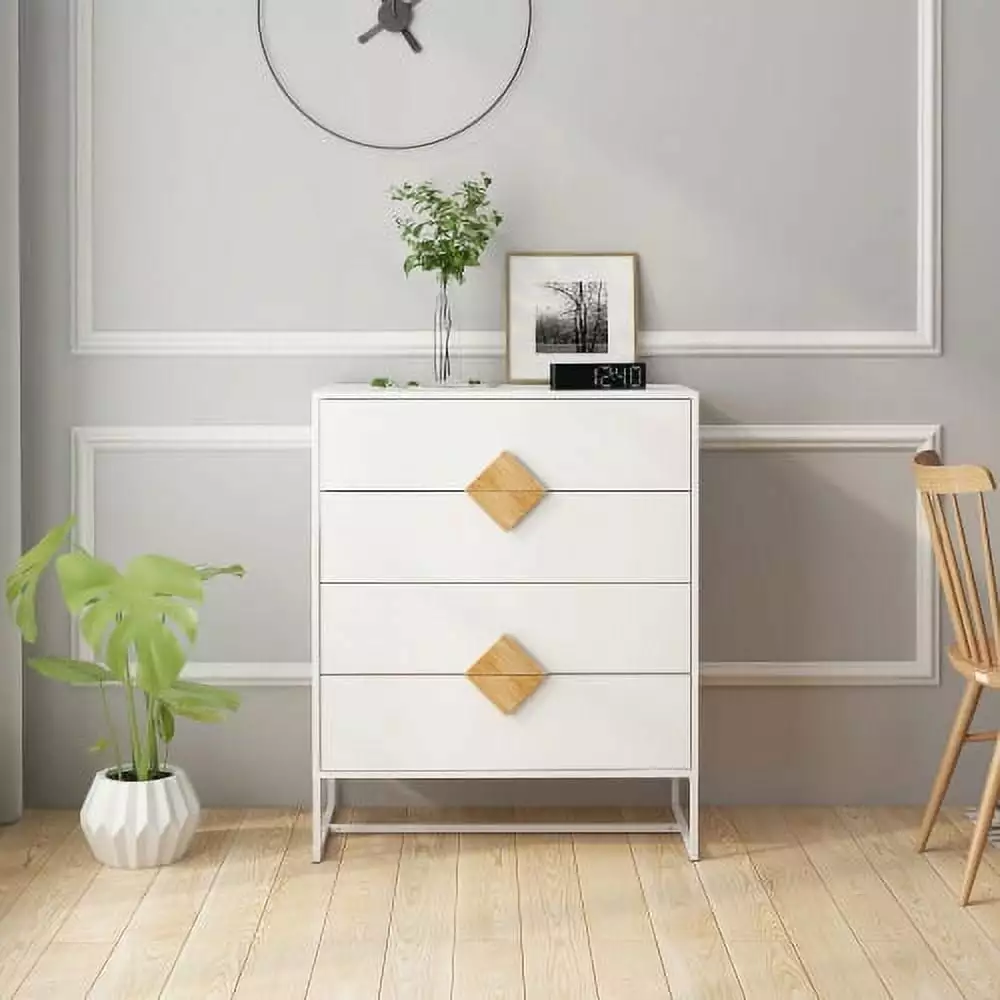 4-Drawer Storage Cabinet Modern Wooden Cupboard Square Handle White Jaodemo