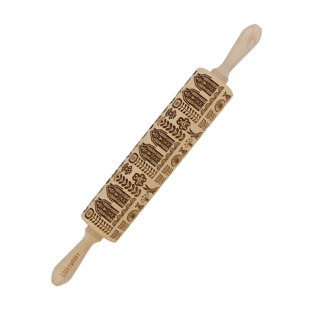 Goody Woody etched cake roller, 46 cm, beech wood, Scandinavian style