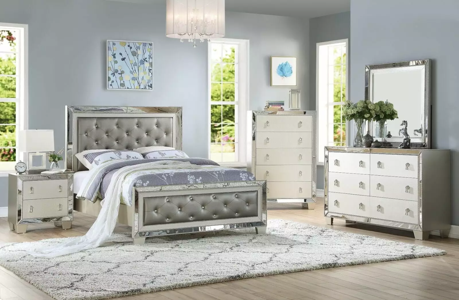Contemporary 6pc California King Bedroom Set Upholstered Tufted Bed Dresser Mirror Nightstands and Chest Silver Esofastore