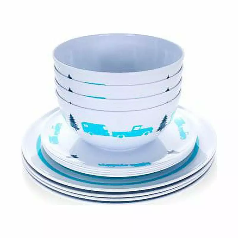 Camco Life is Better at Campsite Dishware Set 12 Piece Blue Tree Design