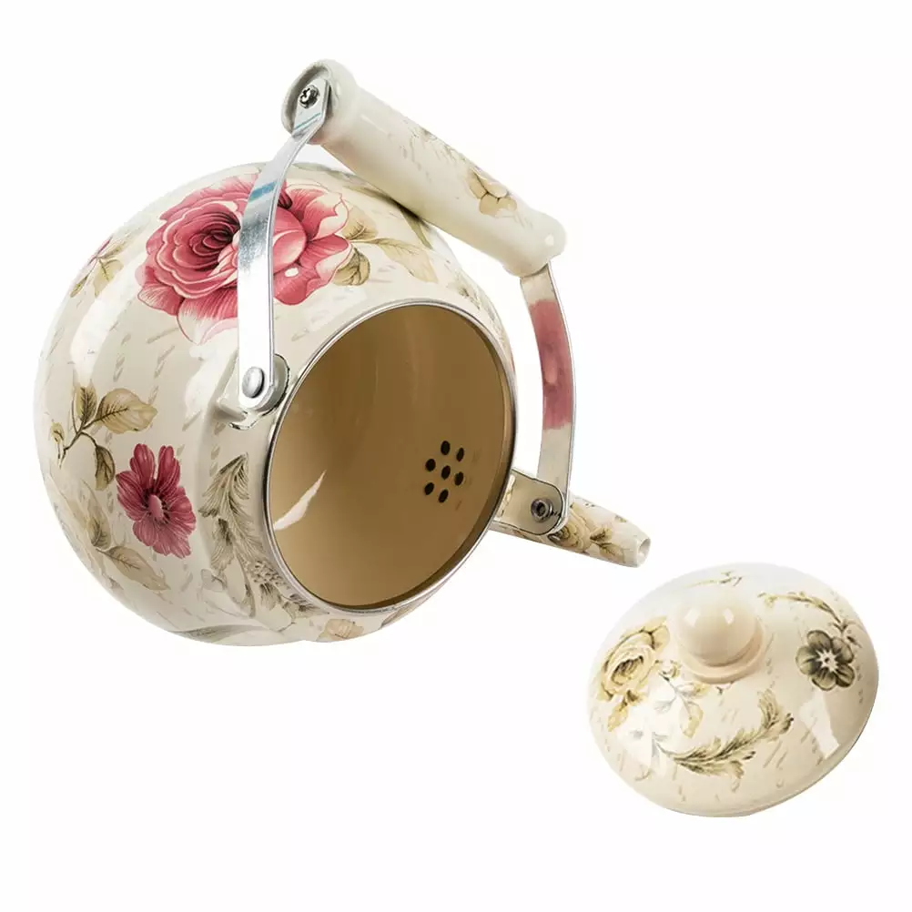 Vintage Floral Enamel Tea Kettle - Small Pear Shaped Camping Pot Handle Coffee Loose Tea and Outdoor Cooking