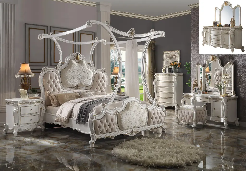 Picardy Fabric & Antique Pearl California King Canopy Bed - Elegant Bedroom Furniture