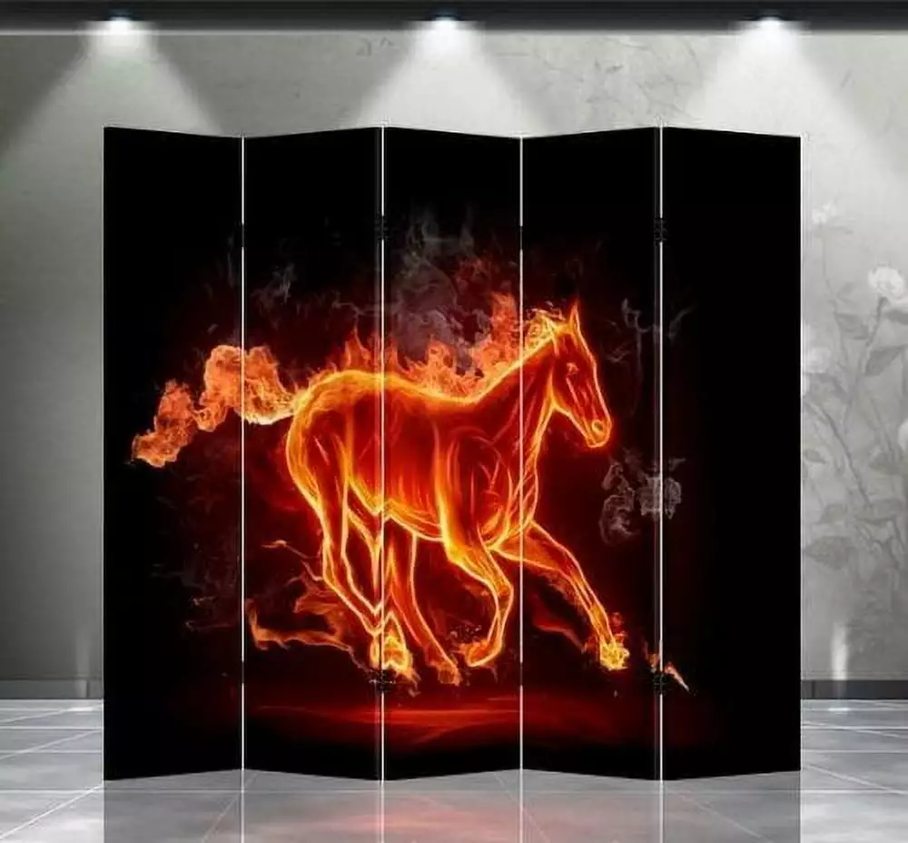 Double Sided Canvas Room Divider Fire Horse Design - Freestanding Partition Screen Asian Home
