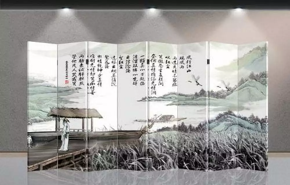 Double Sided Canvas Screen Room Divider River View Art Panel Freestanding Partition Asian Home