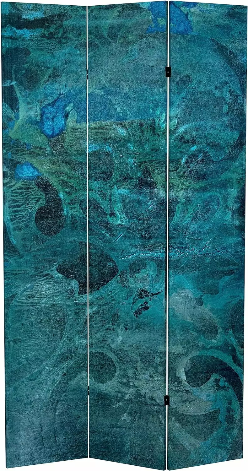 KUANGHENG 7 ft. Tall Double Sided Deep Blue Sea Canvas Room Divider 3 Panel Freestanding Partition