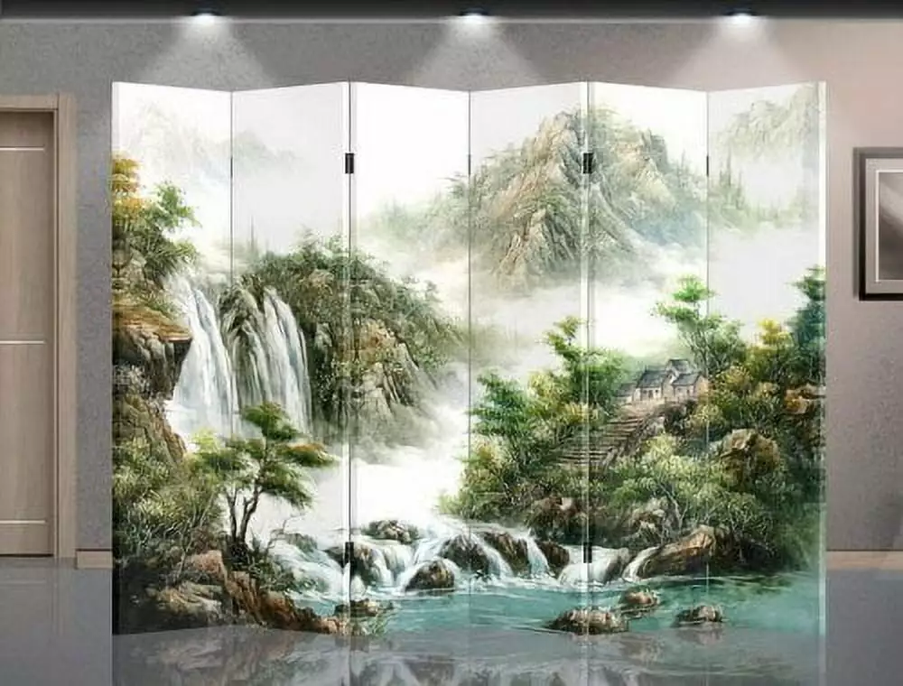 Double Sided Canvas Screen Room Divider Mountain View Folding Privacy Partition Asian Home