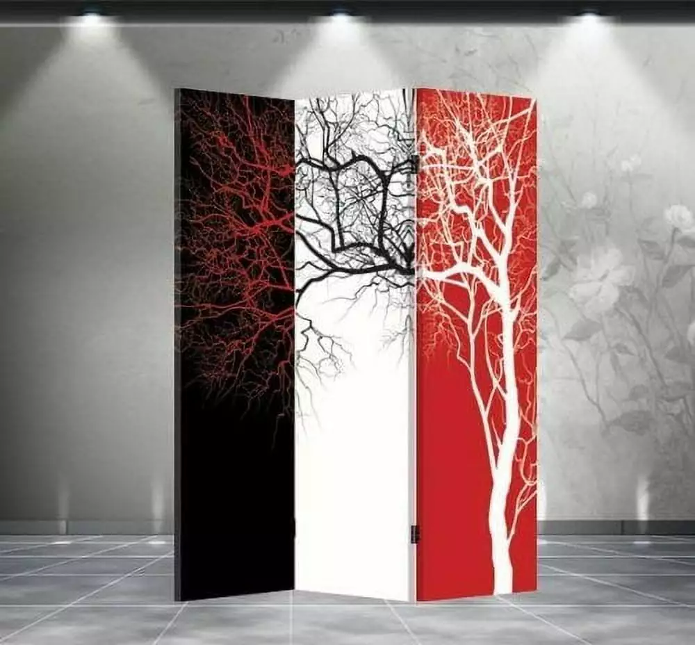 Double Sided Canvas Screen Room Divider Tri-Color Tree Folding Privacy Partition Asian Home