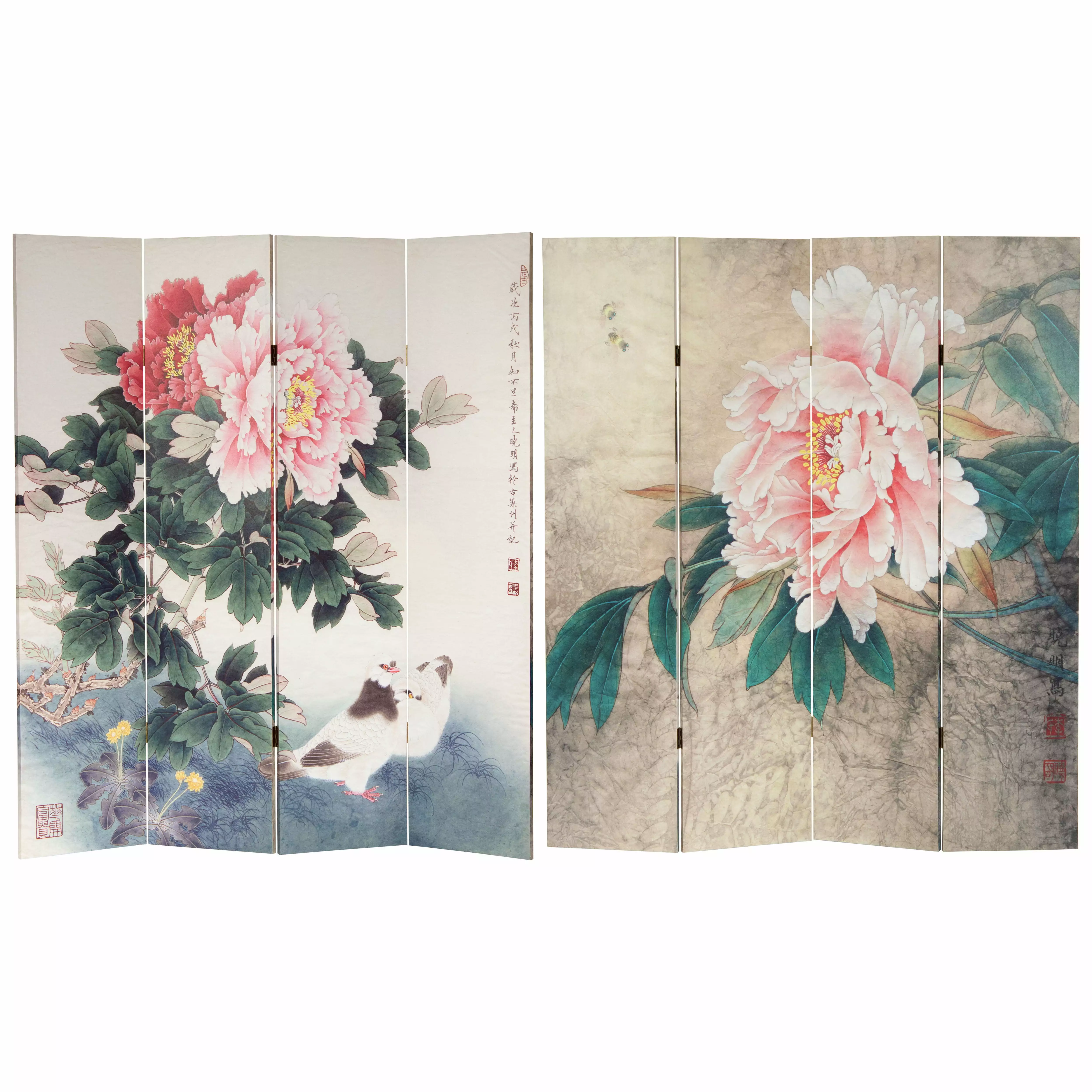 Oriental Furniture 6 Feet Tall Double Sided Doves and Peonies Canvas Room Divider
