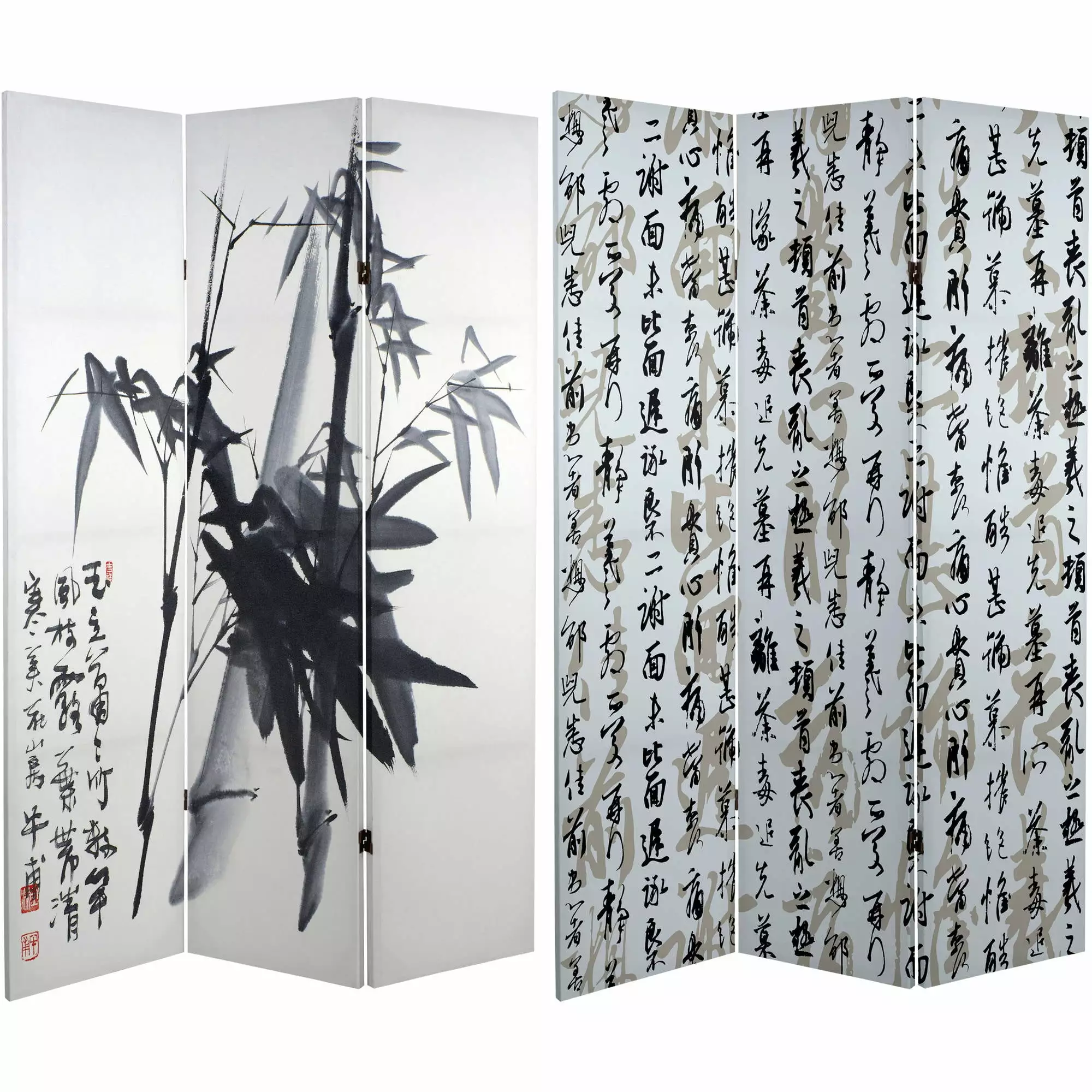 Oriental Furniture 6 ft Tall Bamboo Calligraphy Canvas Room Divider 3 Panel Folding Screen