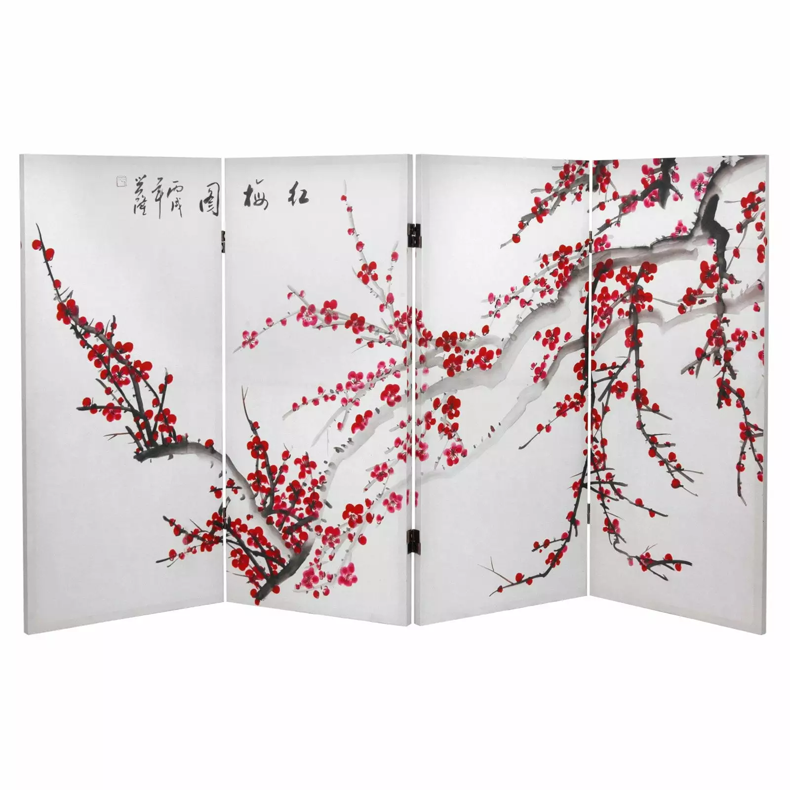 3 Foot Tall Plum Blossom Canvas Room Divider 4 Panel Oriental Furniture