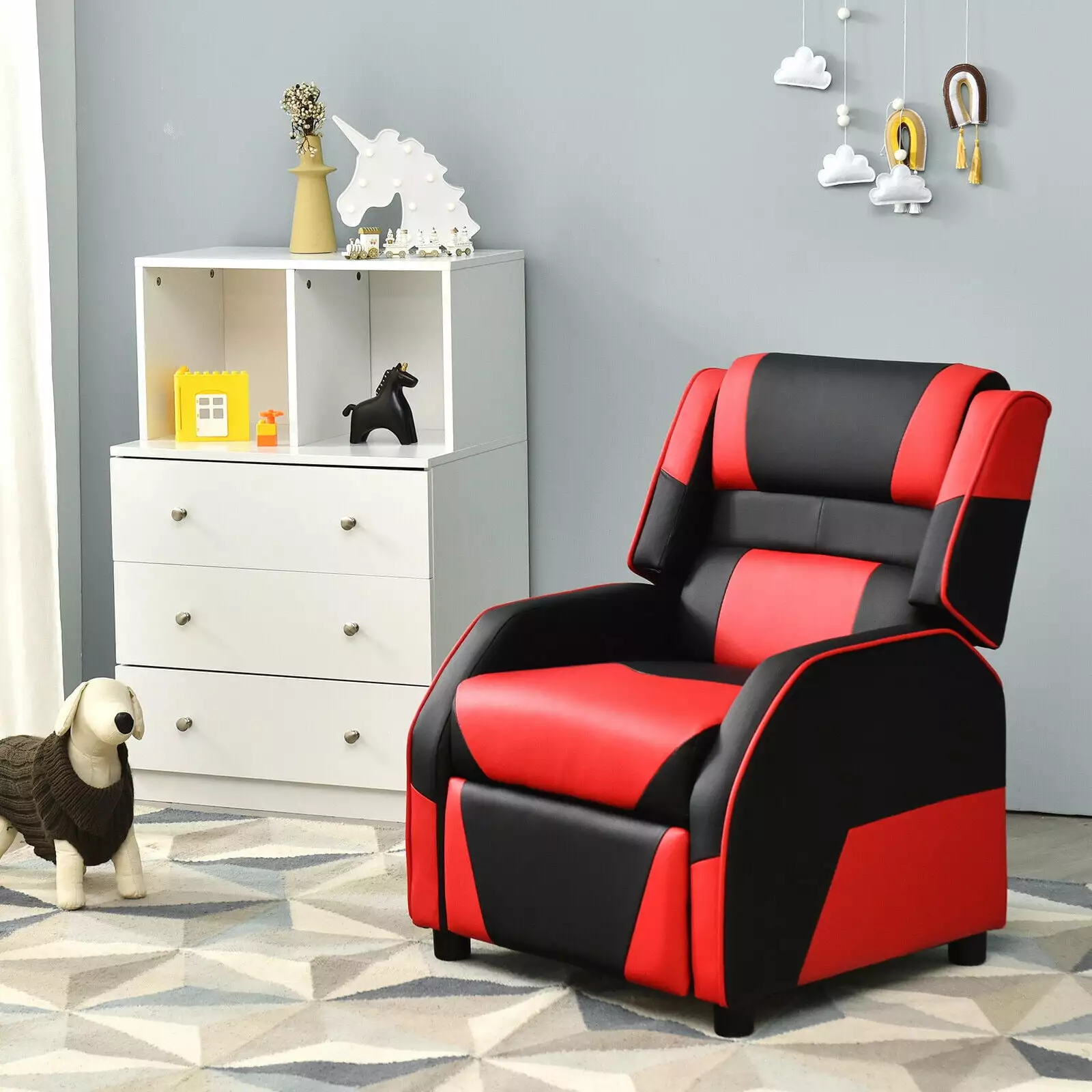 Vicamelia Kids Recliner Chair Red PU Leather, Youth Gaming Sofa Footrest, Headrest, and Lumbar Support Playroom