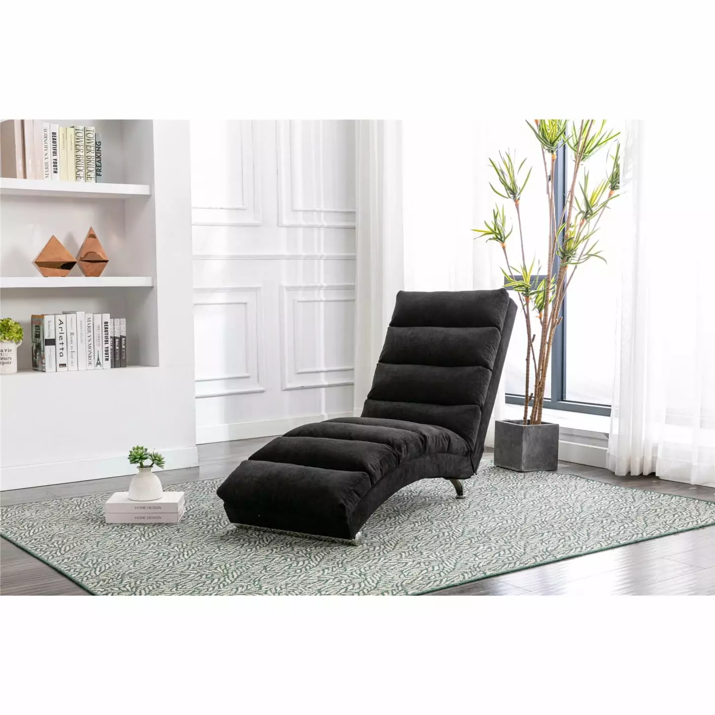 Black Linen Chaise Lounge Modern Long Lounger Office Living Room Solid Plywood Construction Chaise HATNOKIL