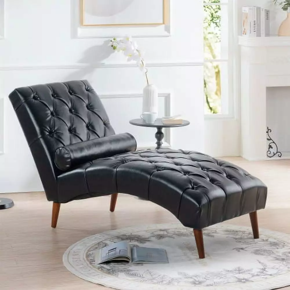 Upholstered Chaise Lounge Black PU Modern Comfortable Long Lounger Living Room Chaise Hypeshops