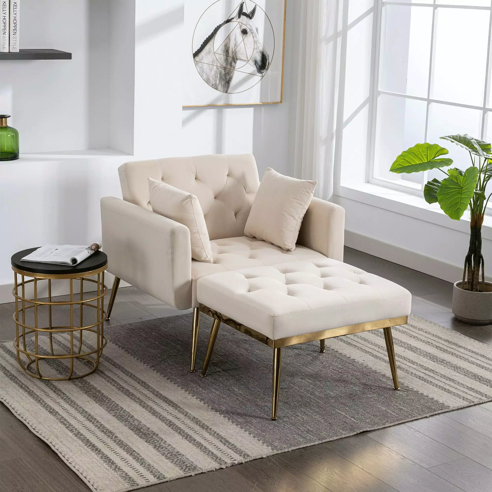 36.61'' Wide Beige Tufted Chaise Lounge Chair Adjustable Backrest and Ottoman Chaise Jamini
