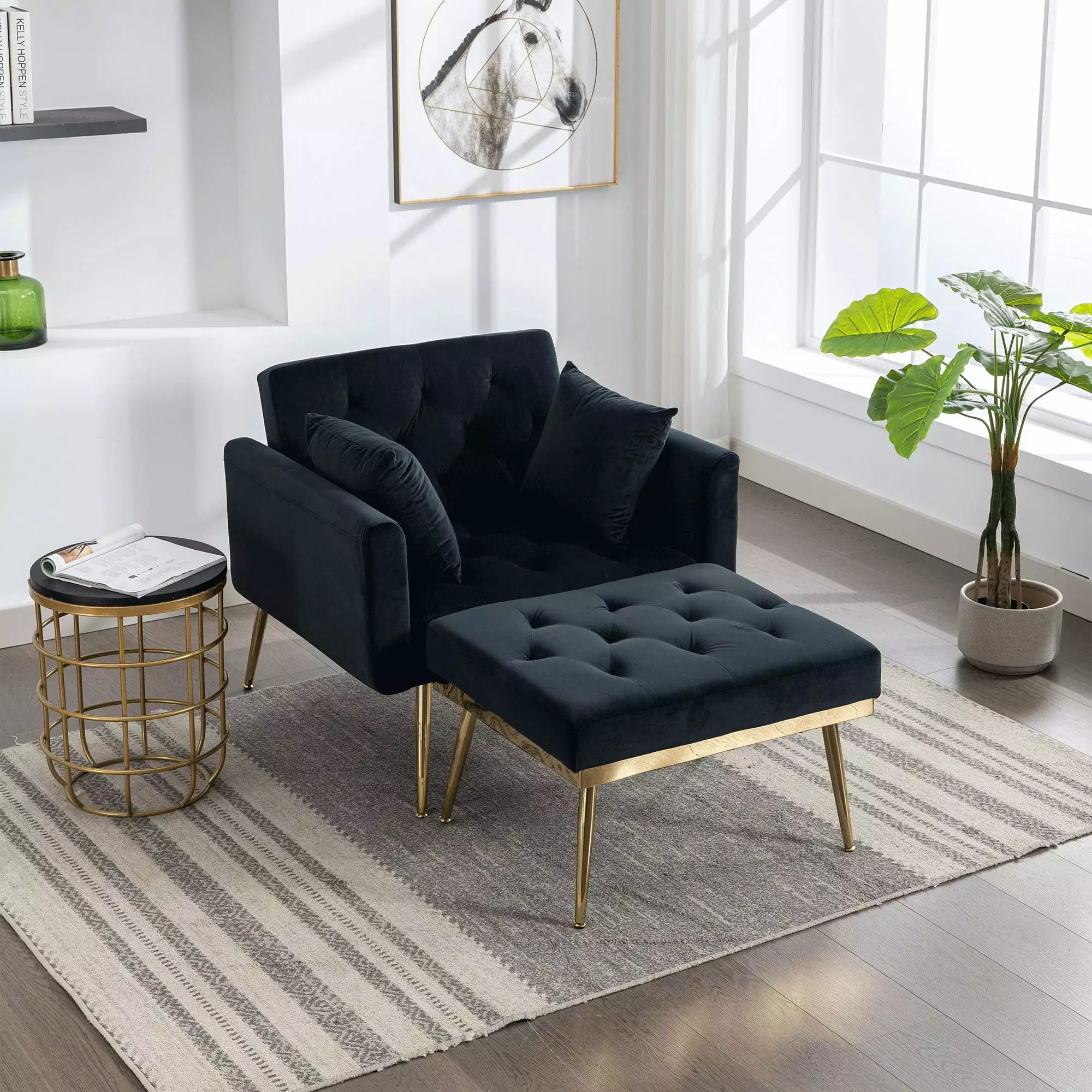 36.61'' Wide Black Tufted Chaise Lounge Chair Adjustable Backrest and Ottoman Chaise Jamini