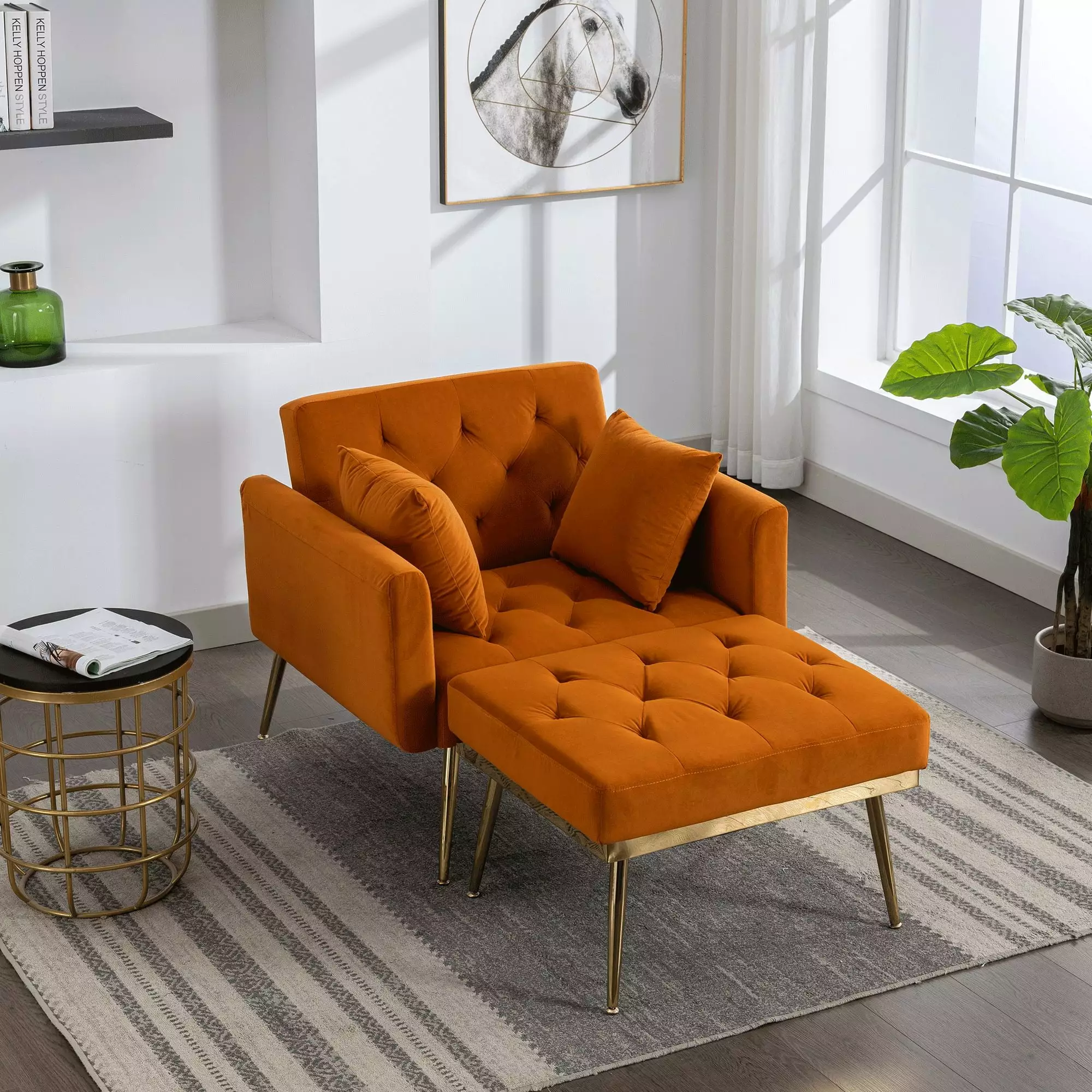 36.61'' Wide Orange Tufted Chaise Lounge Chair Adjustable Backrest and Ottoman Chaise Jamini