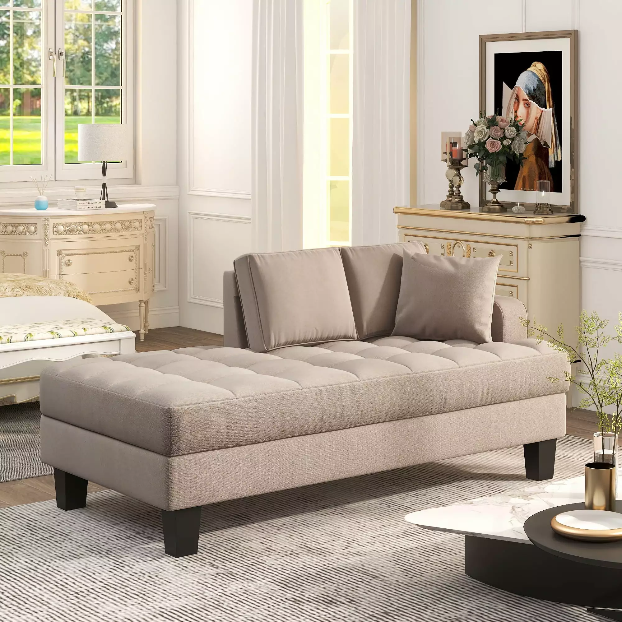64 Deep Tufted Upholstered Fabric Chaise Lounge Toss Pillow Warm Grey Living Room Bedroom Chaise Jamini