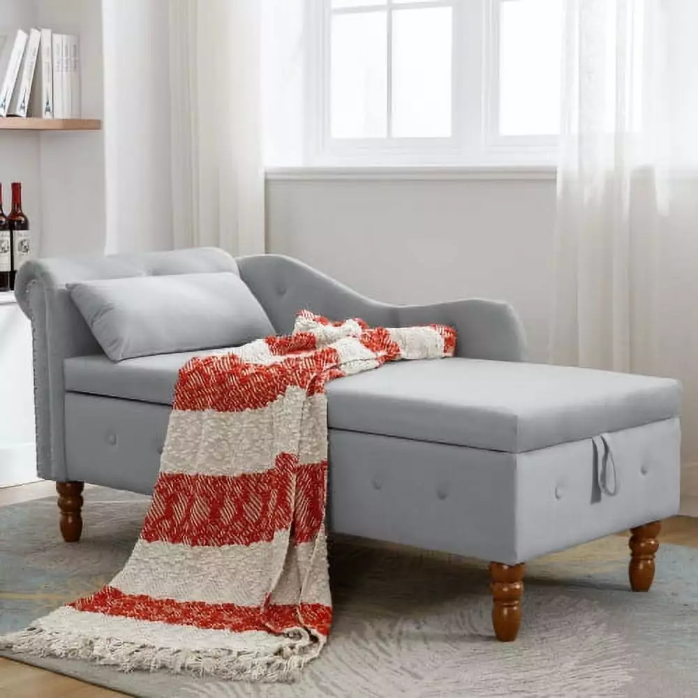 Grey Velvet Chaise Lounge Indoor Storage and Pillow Bedroom Living Room Office Chaise JUHOO