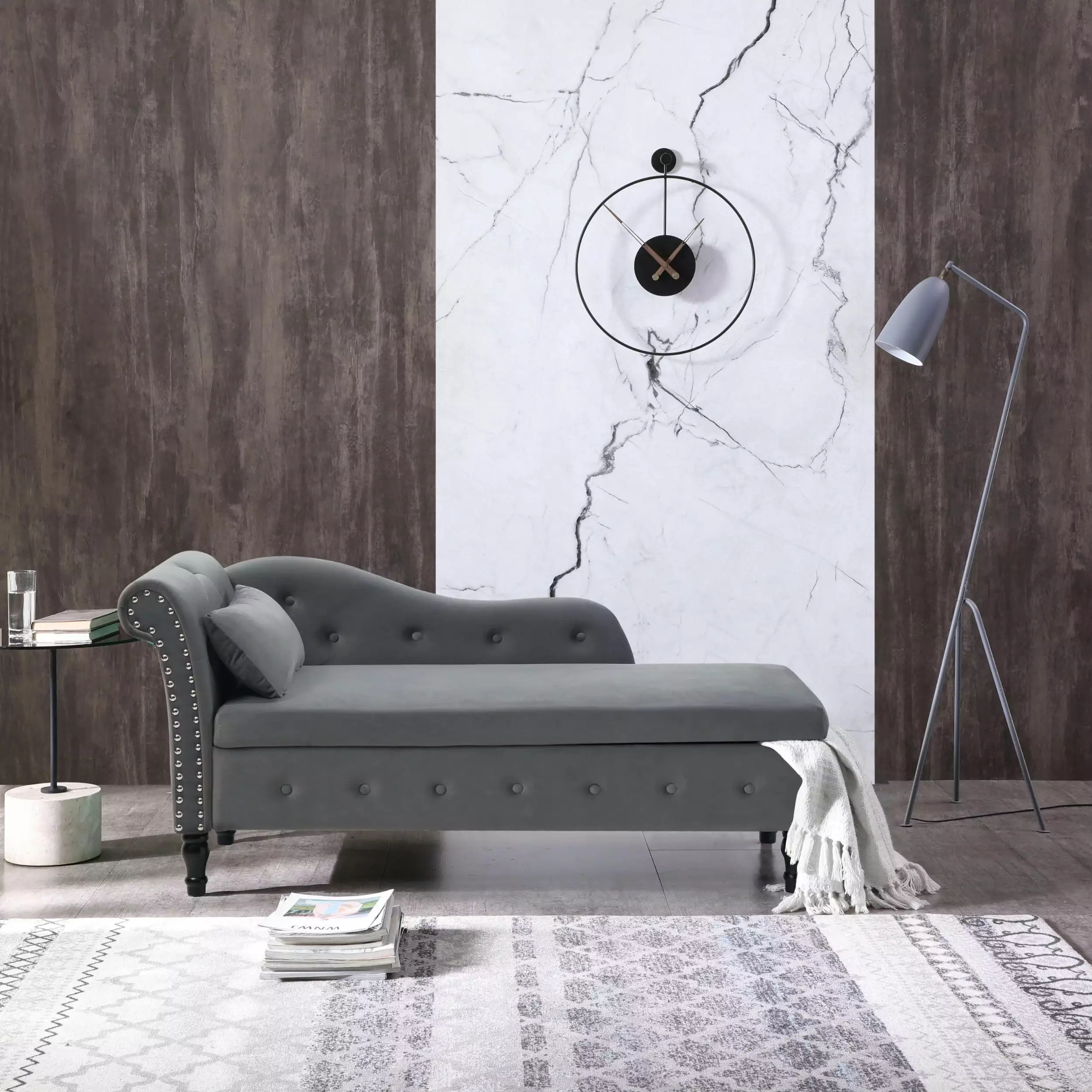 60 Velvet Multifunctional Storage Chaise Lounge Grey - Tufted Nailhead Trimmed Solid Wood Legs Chaise unknown