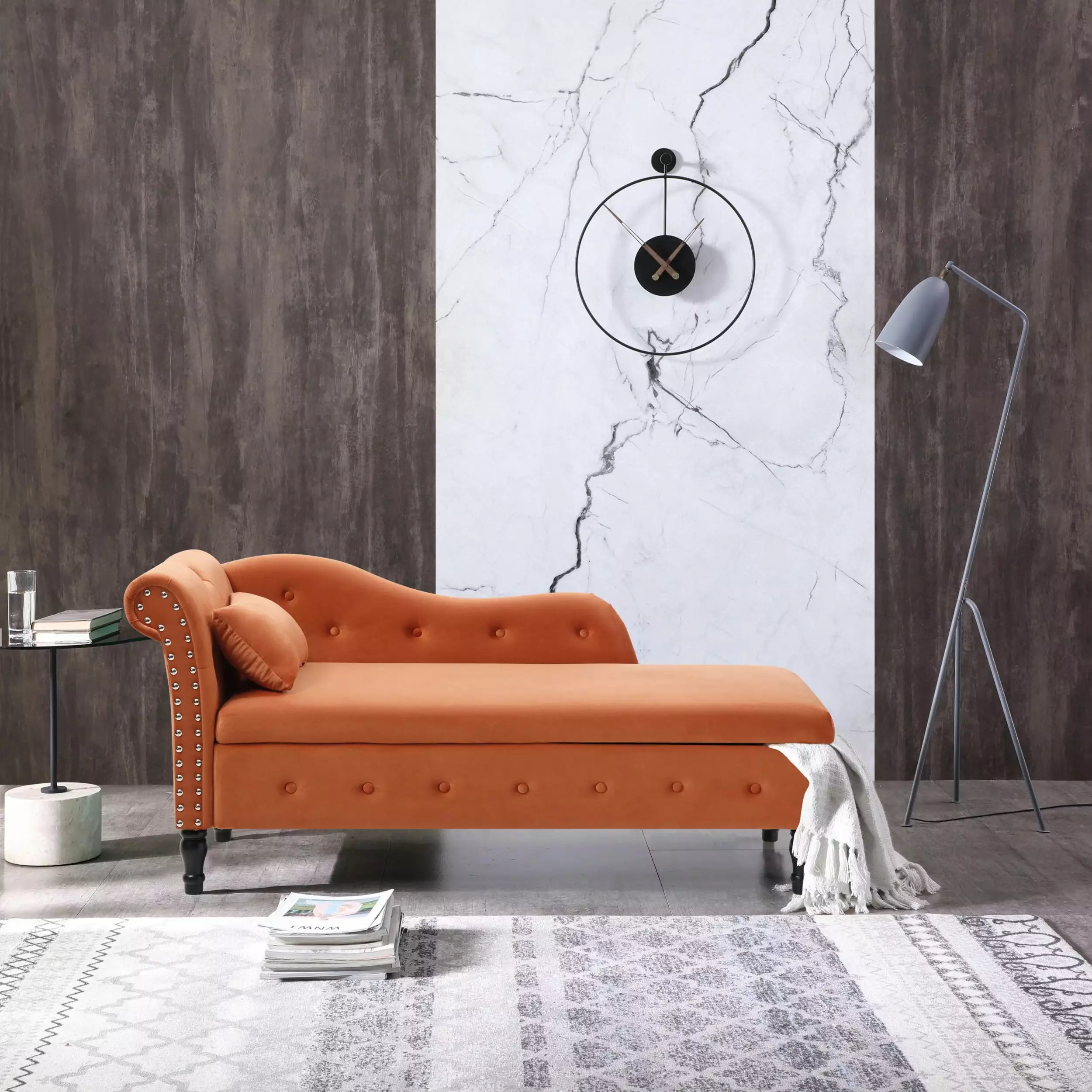 60 Velvet Multifunctional Storage Chaise Lounge Orange - Tufted Nailhead Trimmed Solid Wood Legs Chaise unknown