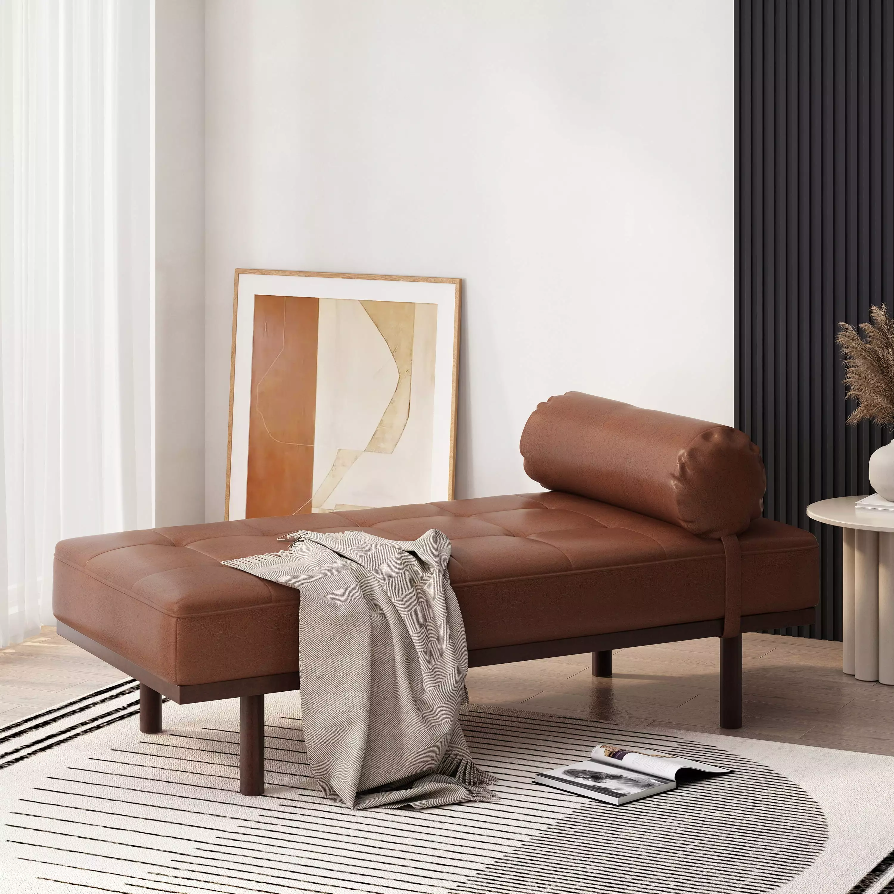 Modern Chaise Lounge Button Tufts and Waffle Stitches Living Room Chaise Viruhaka