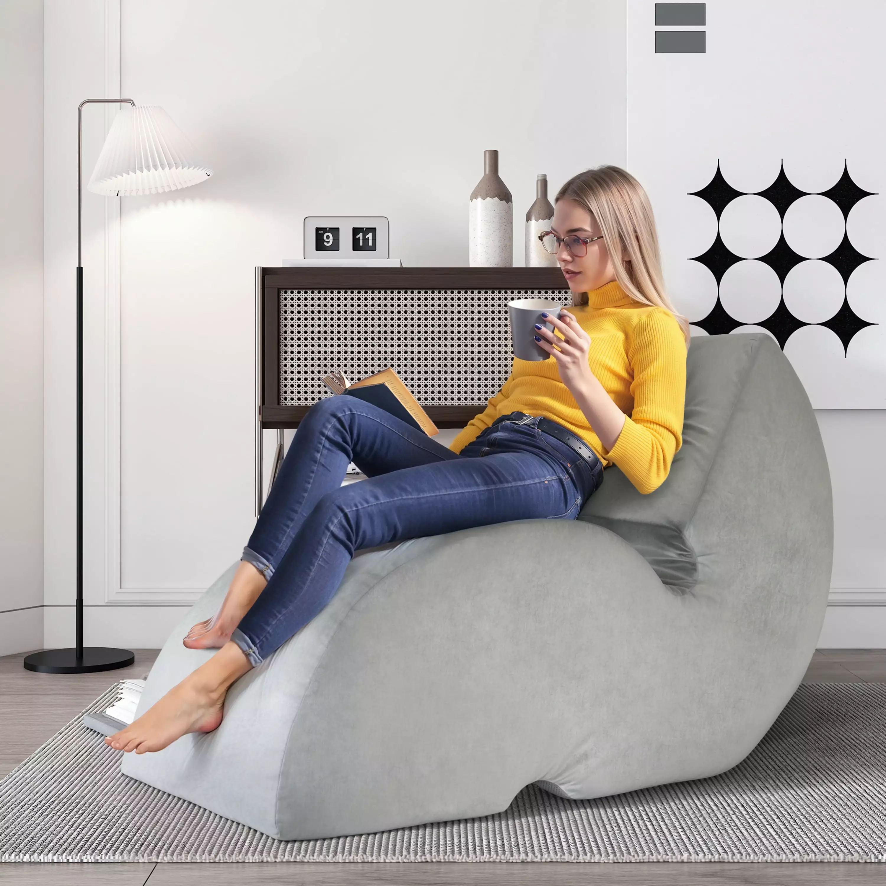 WOWMX Curved Chaise Lounge Indoor Ergonomic Velvet Lounge Chair Bedroom Living Room Chaise WOWMAX