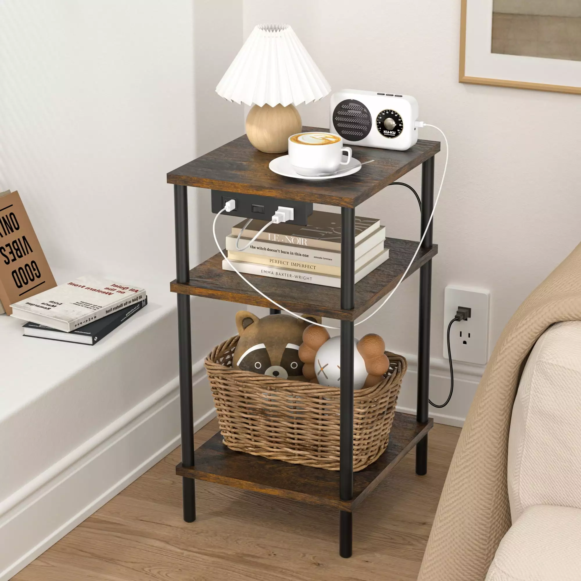 3-Tier End Table Charging Station and USB Ports - Modern Nightstand Bedroom OUTONLIFE