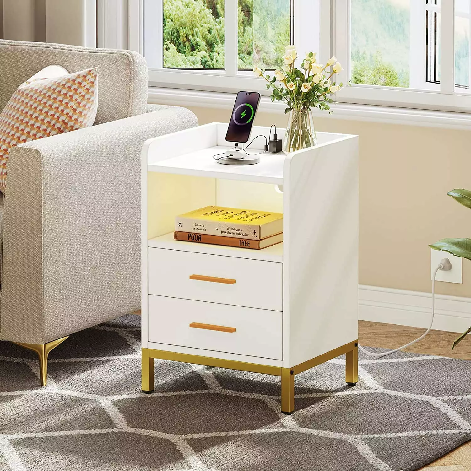 DEXTRUS White Night Stand LED Lights and Charging Station 2 Drawers Open Storage USB Ports