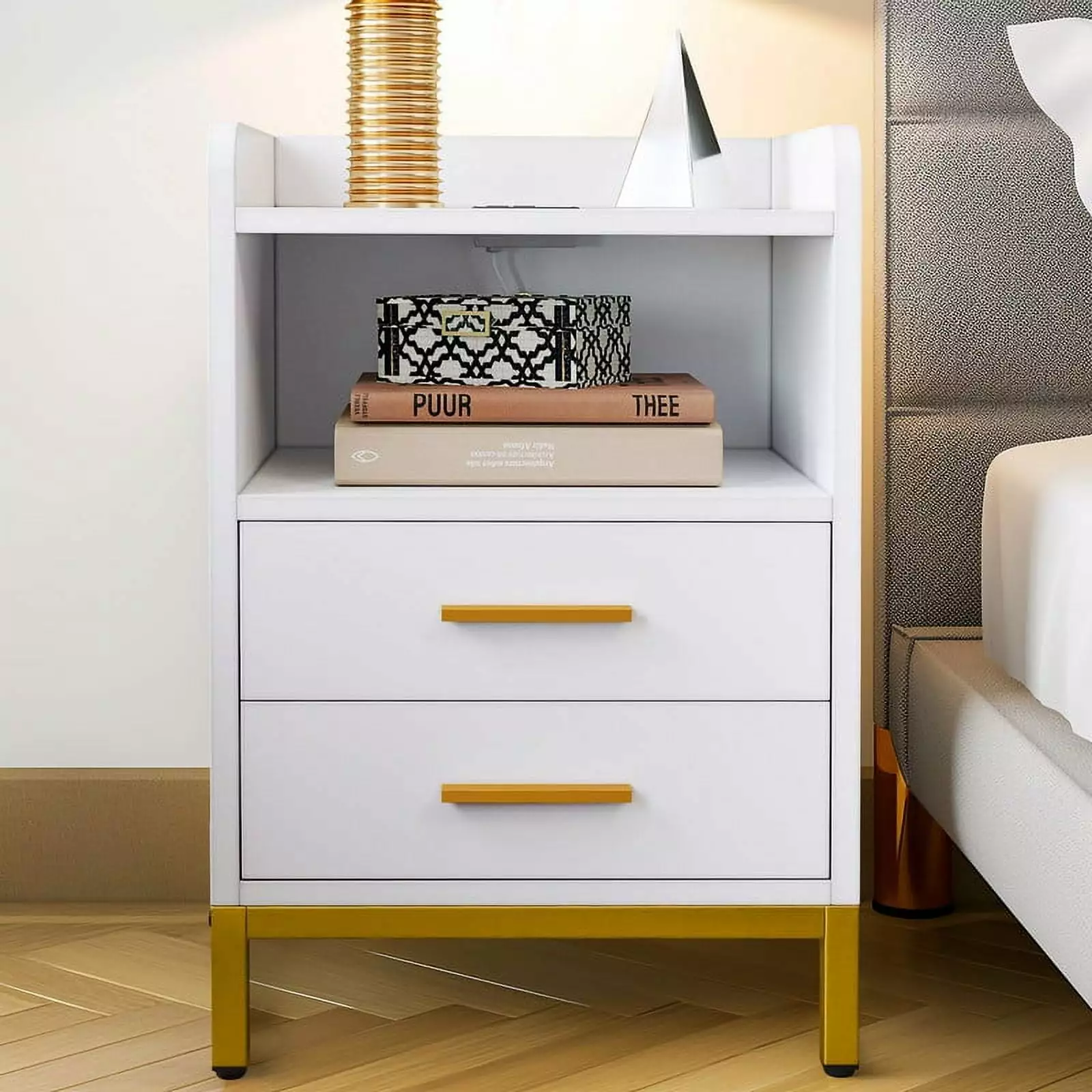 DWVO White Nightstand LED Lights Charging Station Drawers USB Ports