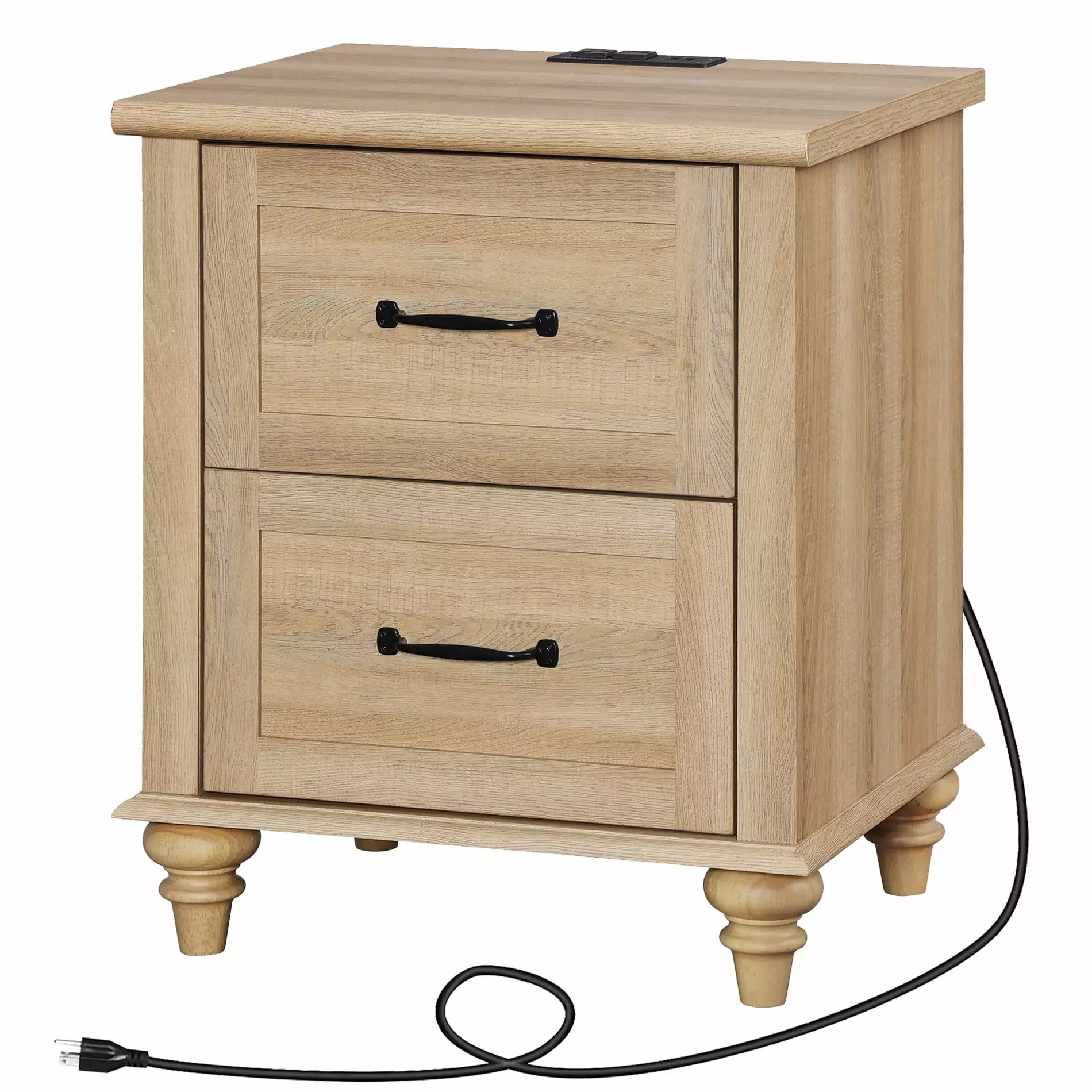 Farmhoutilize Nightstand Charging Station 2 Drawers Light Rustic Oak End Table FITUEYES