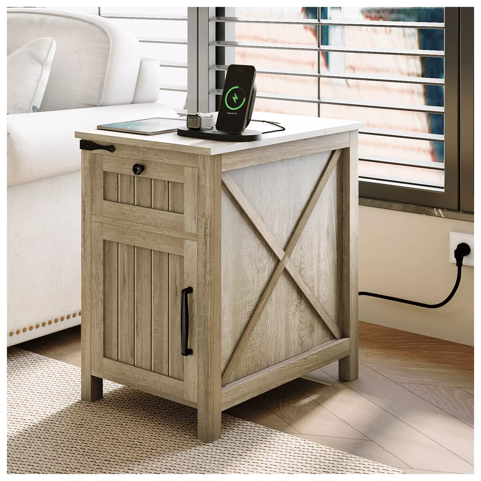 Industrial Farmhoutilize Nightstand Charging Station Drawers Cabinet Light Rustic Oak Jiansu furni