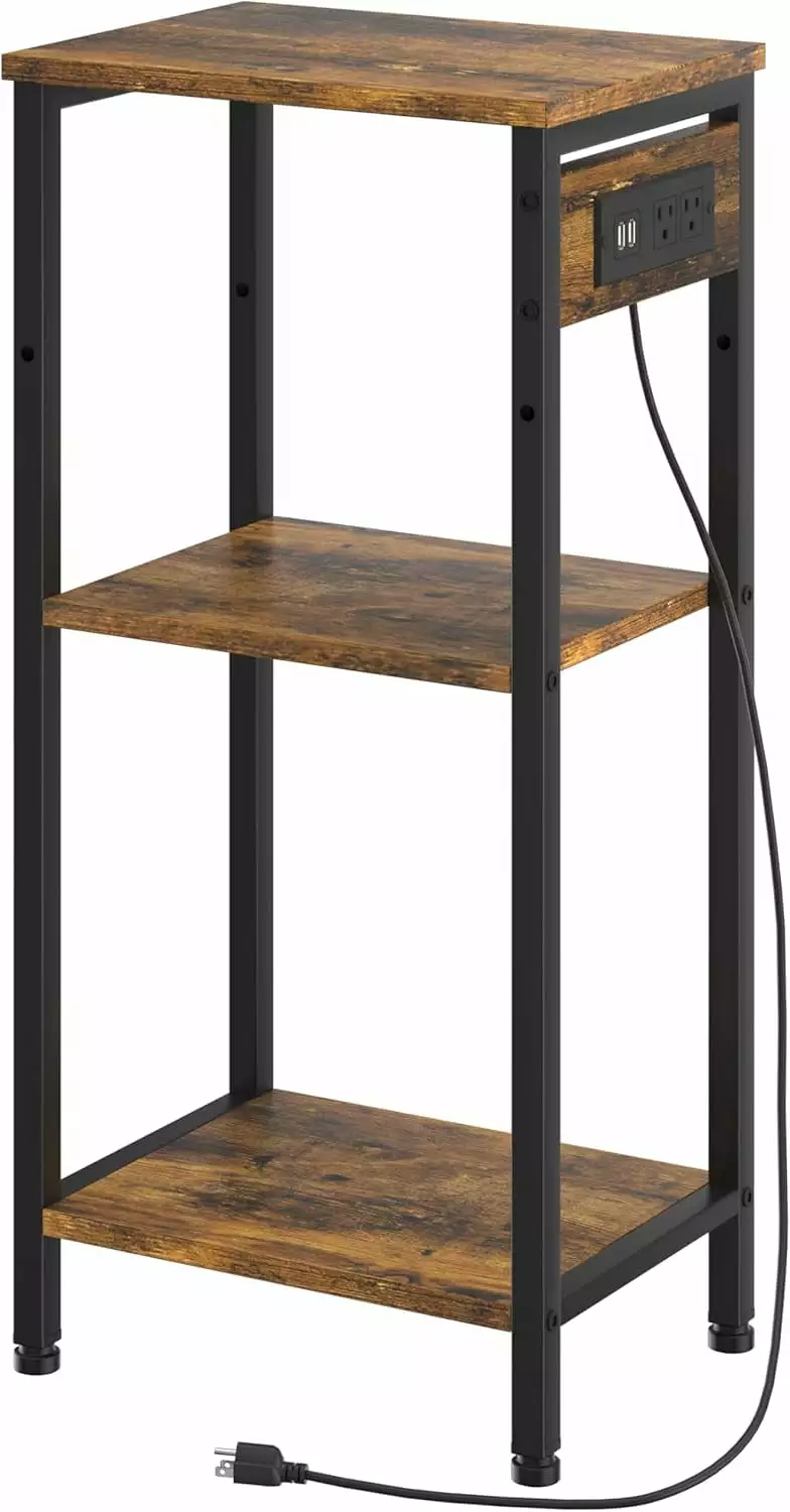 Tall End Table Charging Station 3 Tier Narrow Nightstand USB Ports and Outlets Rustic Brown and Black kk