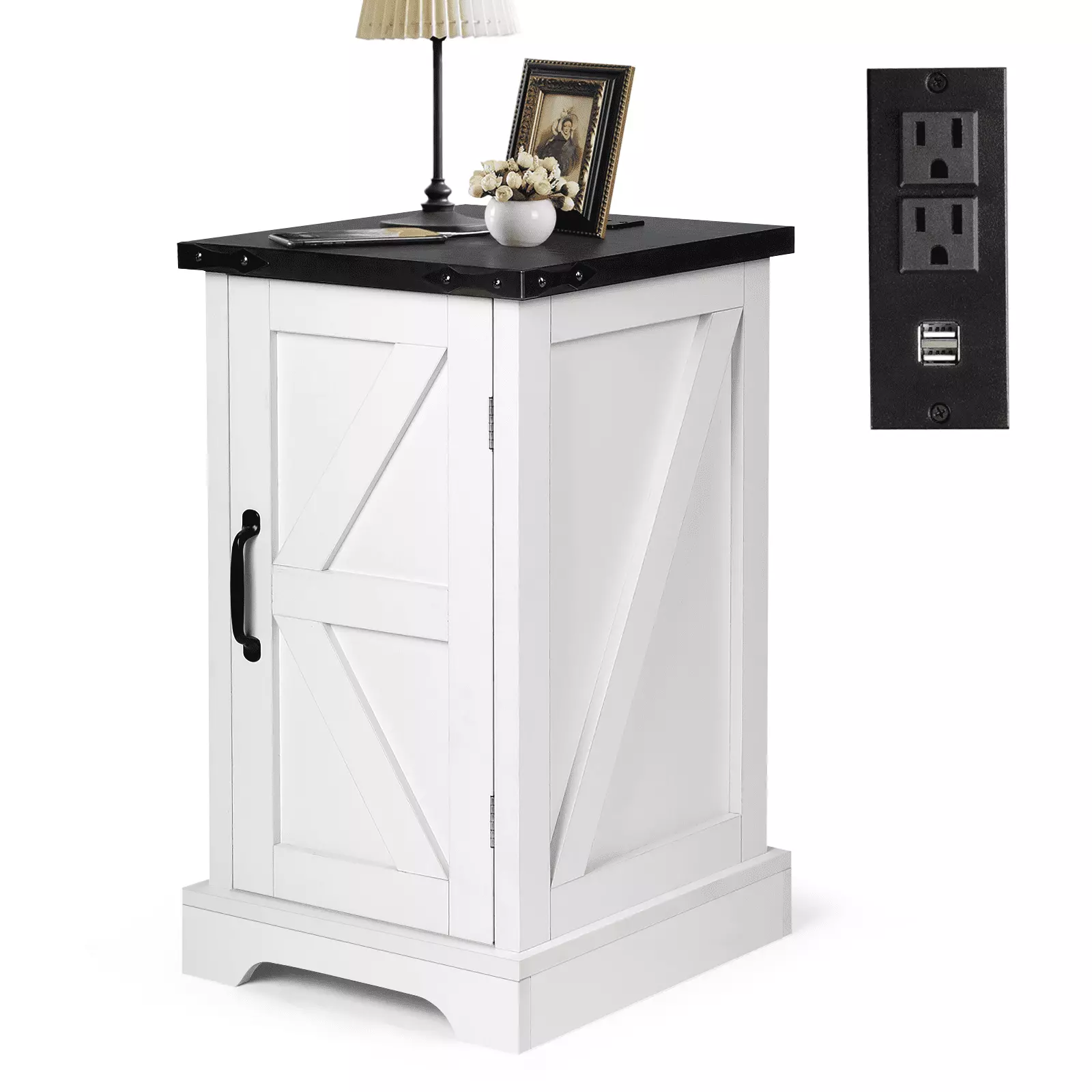 Farmhoutilize Nightstand Charging Station Adjustable Shelf White Barn Door RichYa