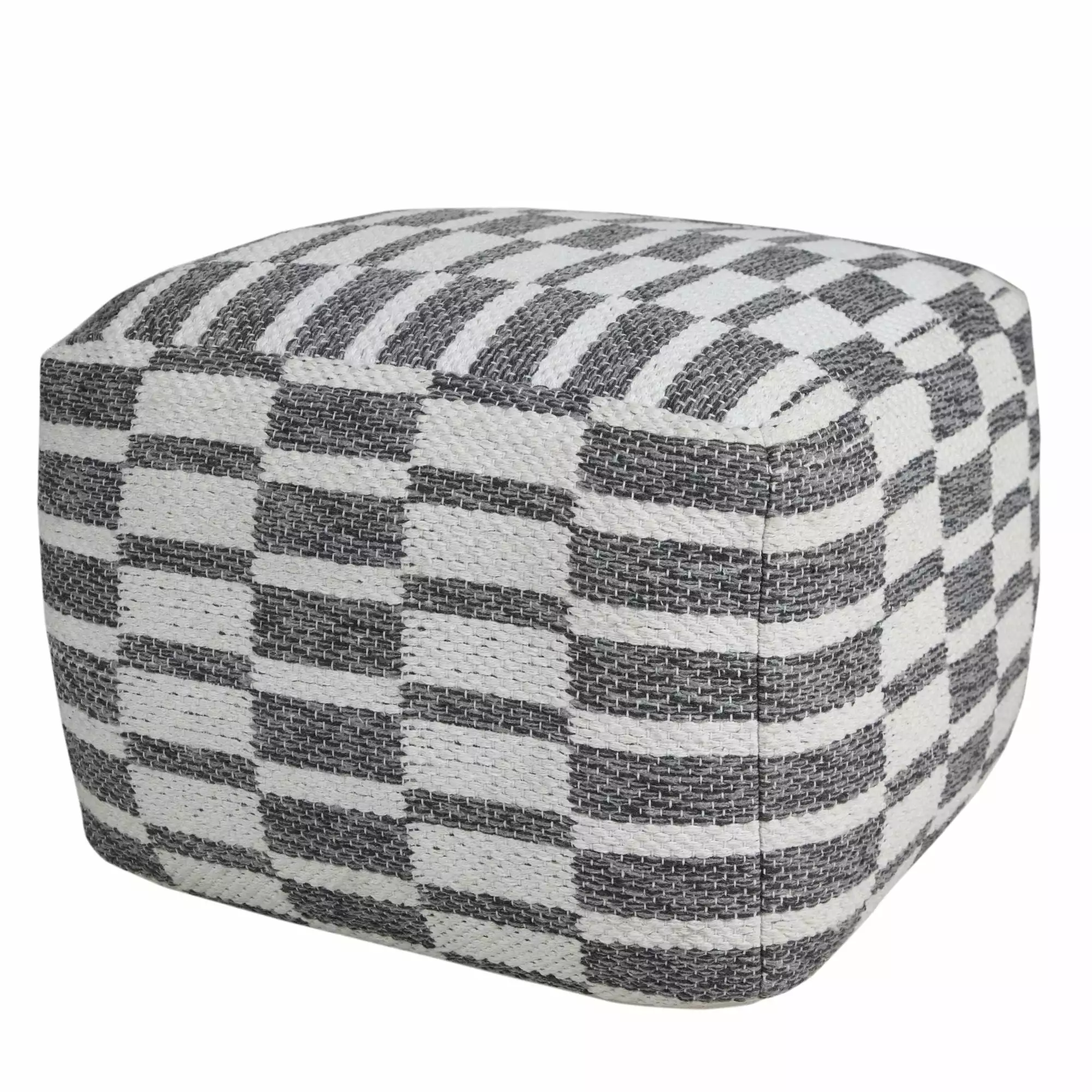 Laddha Home Designs 18 White Gray Checkered Square Pouf Ottoman