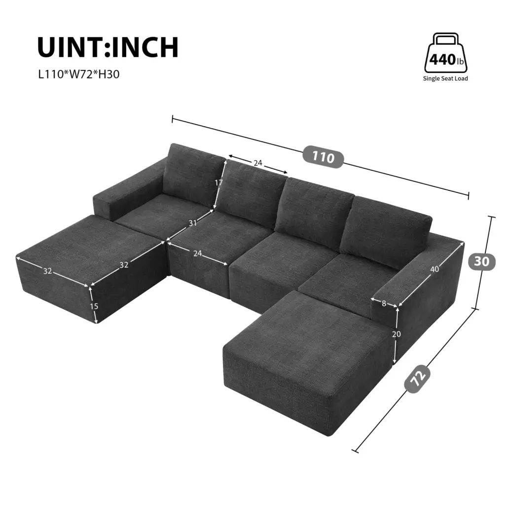 Miekor Furniture 110x72 Luxury Chenille U-Shaped Modular Sectional Sofa Sleeper Bed