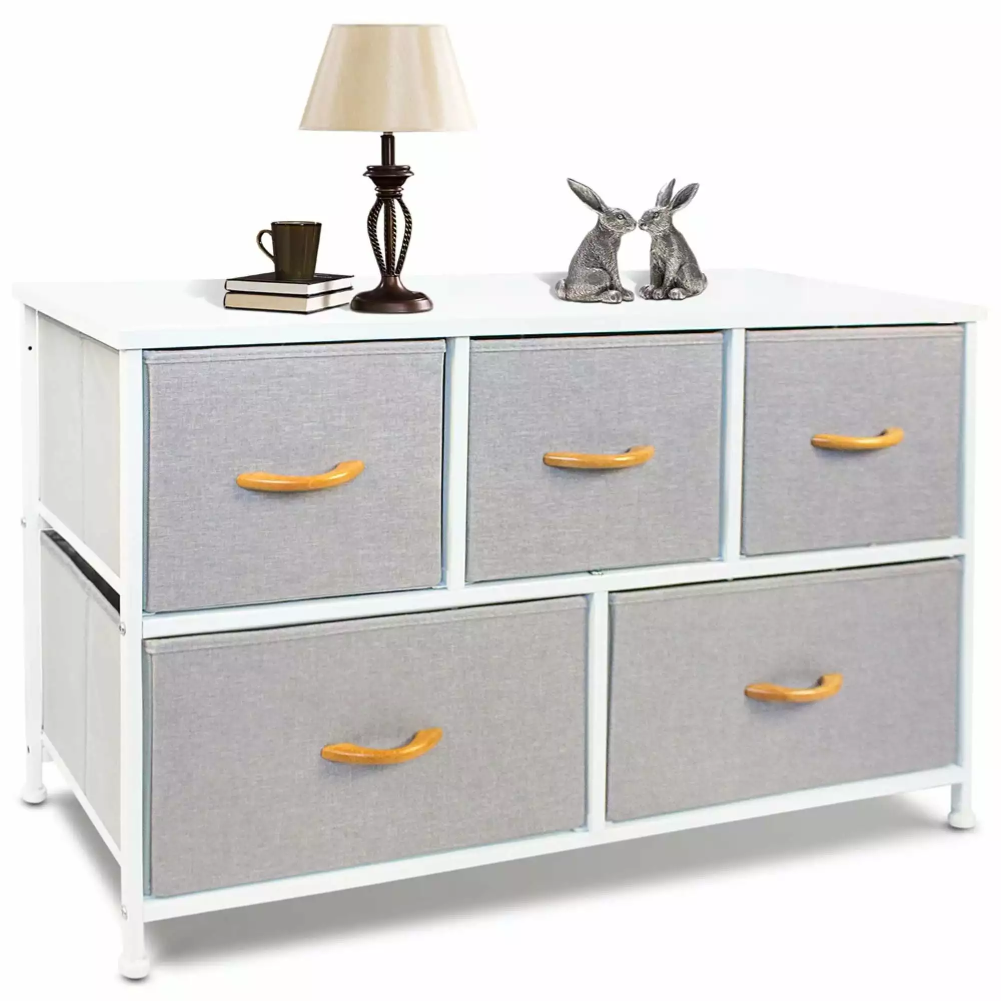 Bigroof Gray Dresser Bedroom 5 Drawers - Wooden Top and Metal Frame Wide Dresser