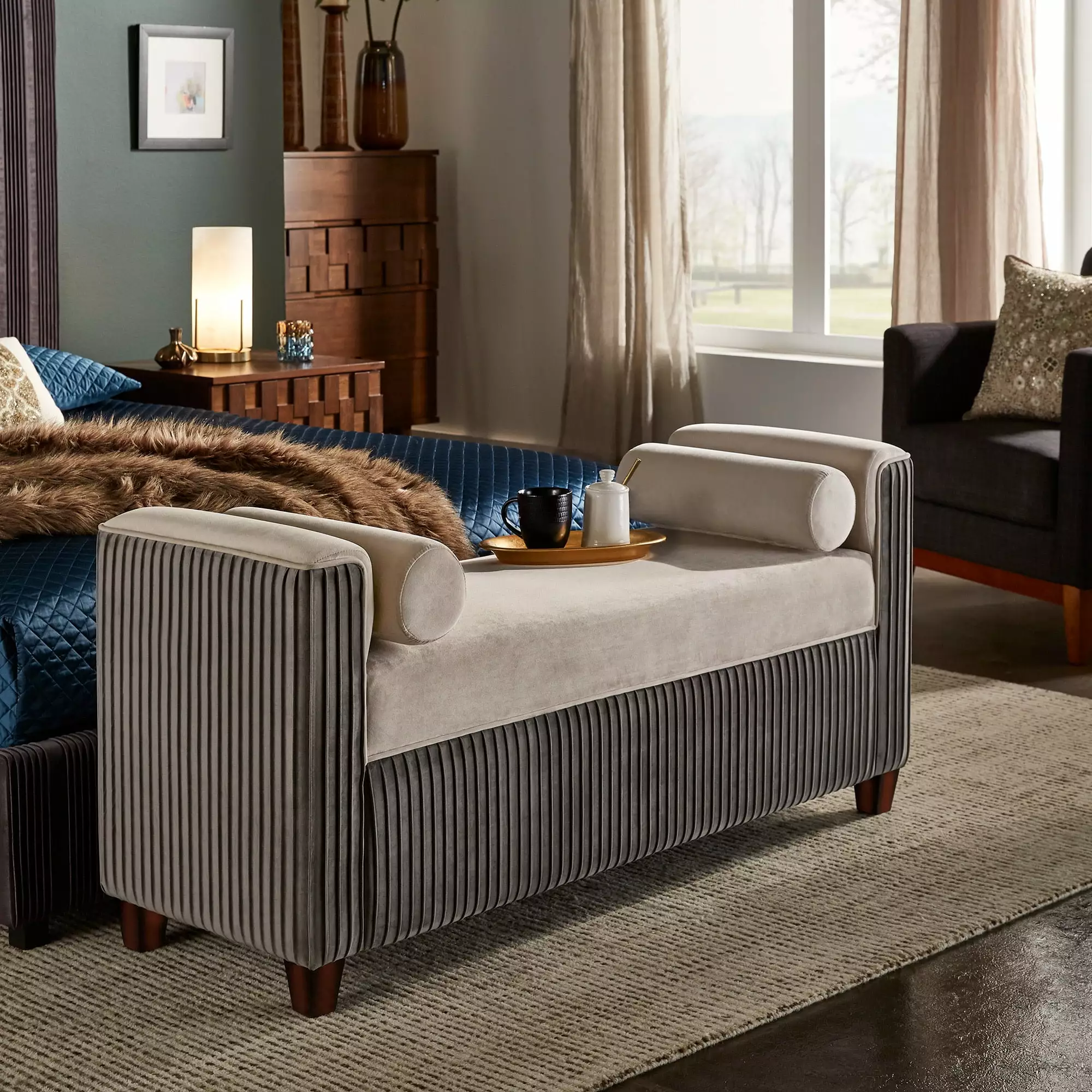 Weston Home Bergman Chesterfield Pleated Velvet 54 Wide Bench Pillows Taupe and Grey Benches