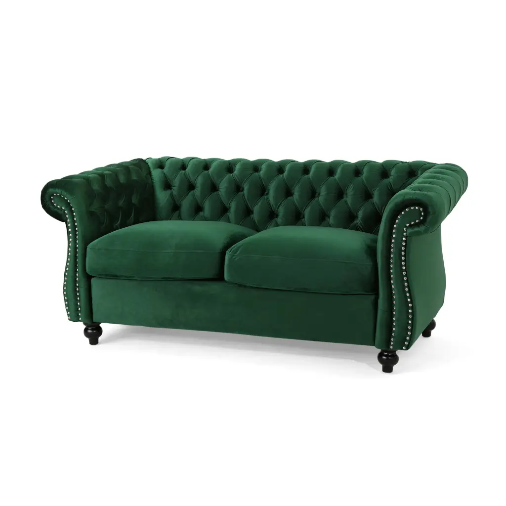 GDF Studio Karen Traditional Chesterfield Velvet Loveseat Sofa Emerald and Espresso - Elegant Living Room Furniture GDFSTUDIO