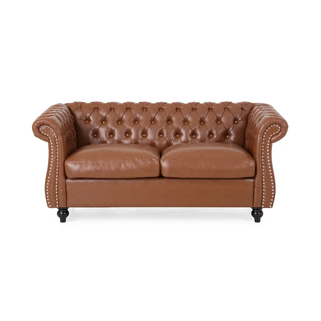 Noble House Magnus Indoor Traditional Chesterfield Faux Leather Loveseat Cognac Brown - Stylish Living Room Sofa