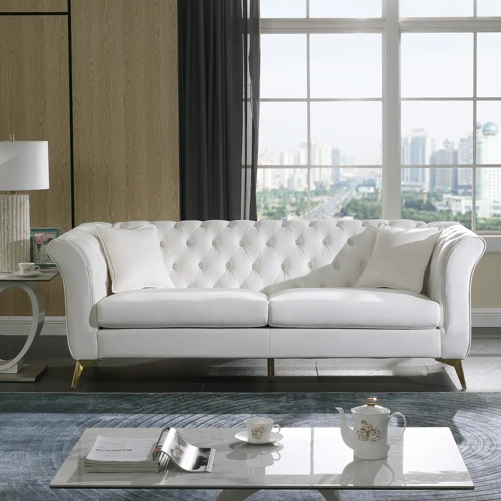 Chesterfield Stanford Sofa White Tufted Fabric Scroll Arm and Back Miekor
