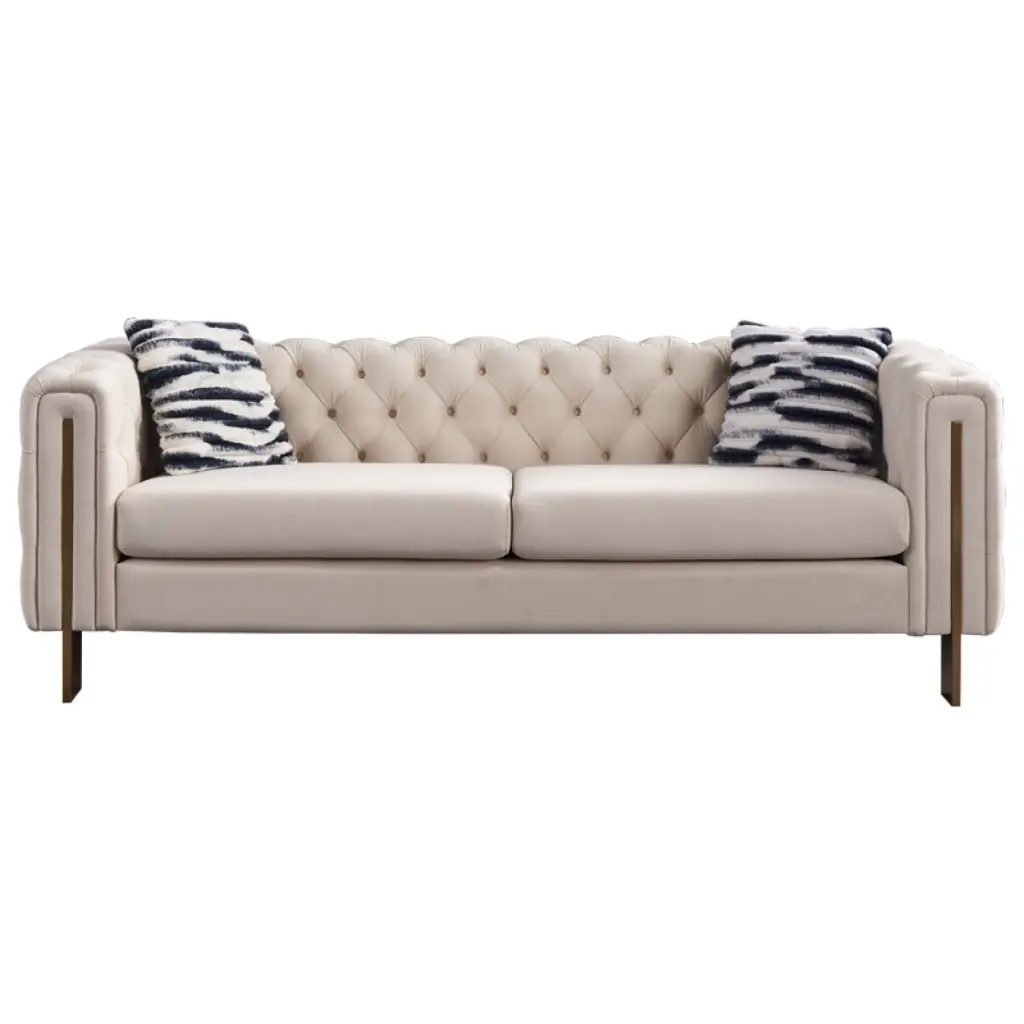 Chesterfield Cream Velvet Sofa Modern Tufted Design Gold Legs and Pillows Ponnky