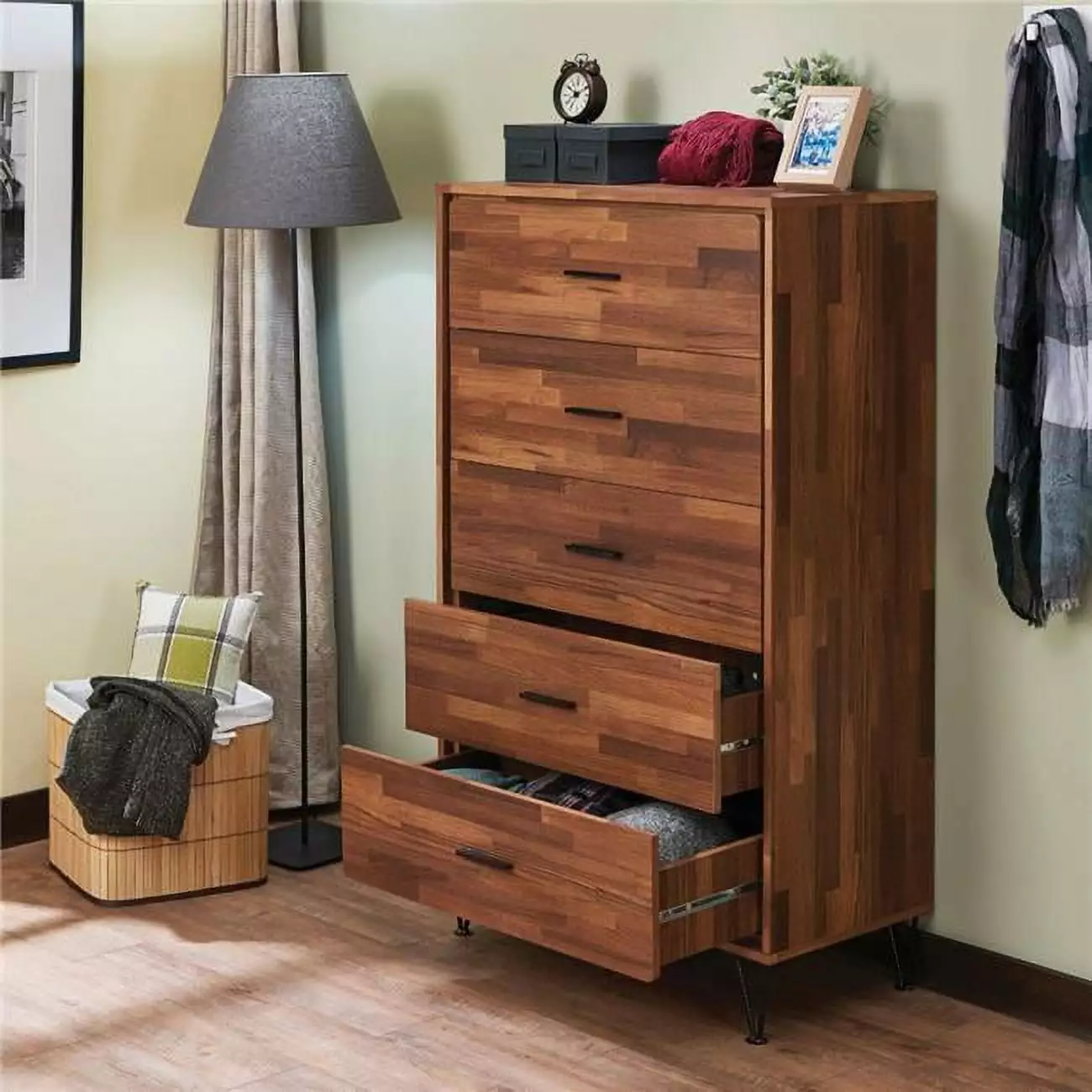 Benzara BM163643 Enchanting Wooden Chest 5 Drawers Walnut Brown Storage