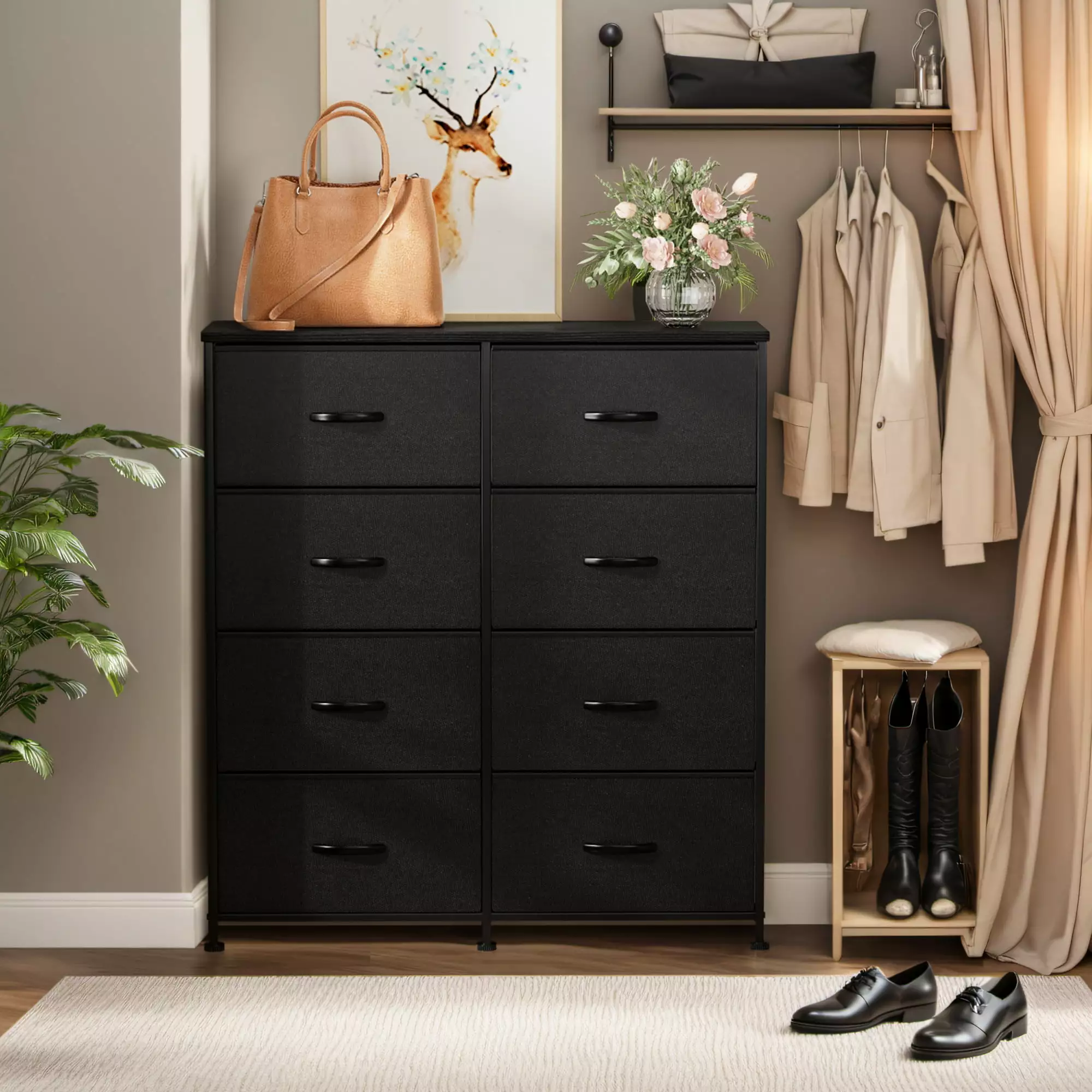 Furmax 8-Drawer Fabric Dresser Black Wood Top Metal Frame Large Bedroom Chest