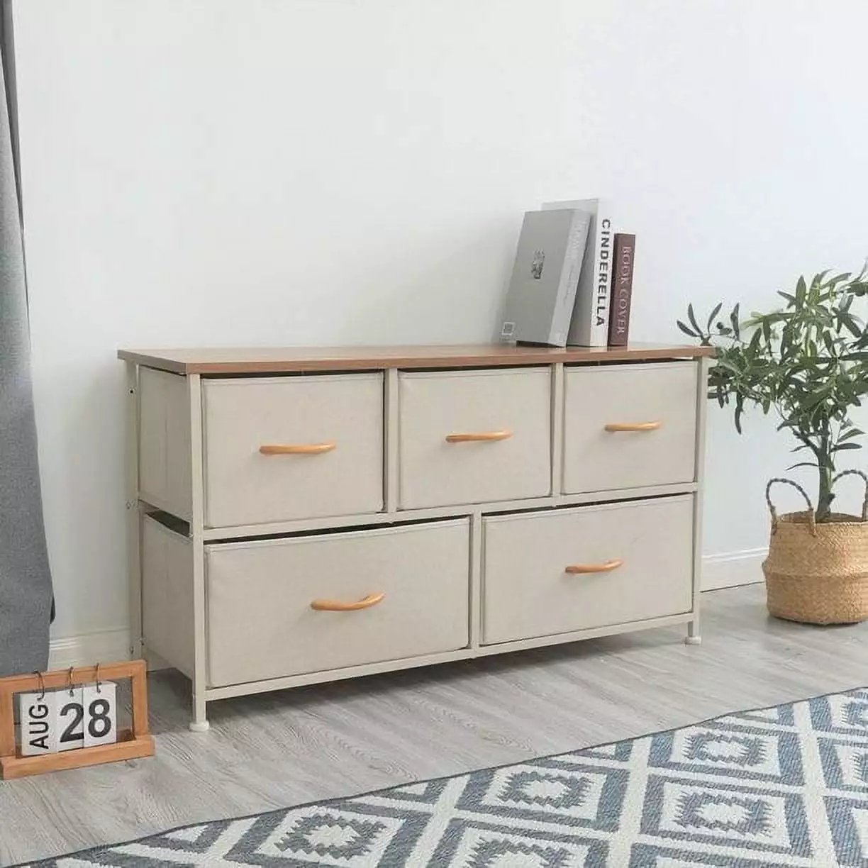 Bigroof 5-Drawer Storage Chest Tower Unit Steel Frame Wood Top Bedroom Hallway Closet Office