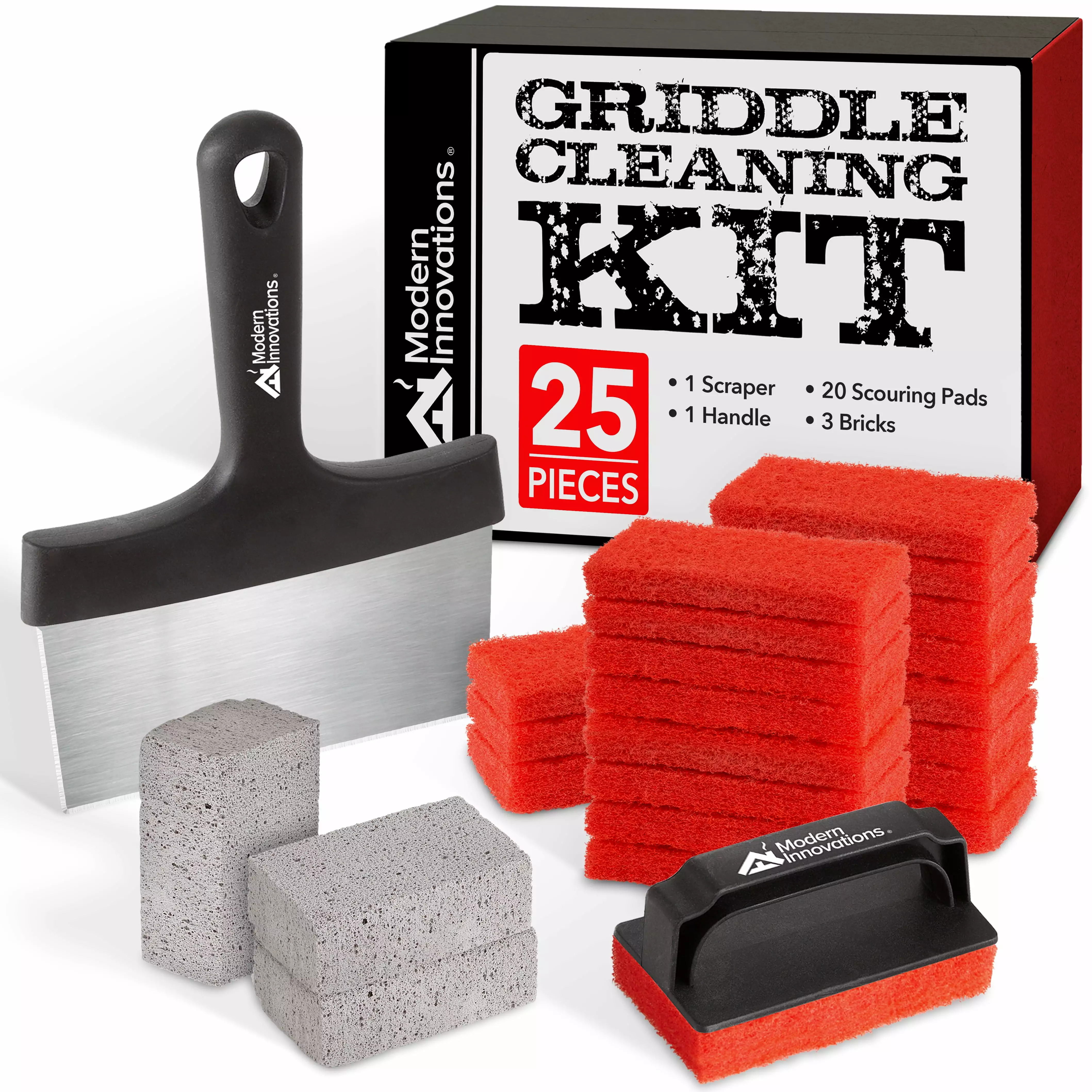 Modern Innovations 25-Piece Griddle Cleaning Kit 20 Scouring Pads 3 Grill Bricks 1 Indoor Grill Scraper