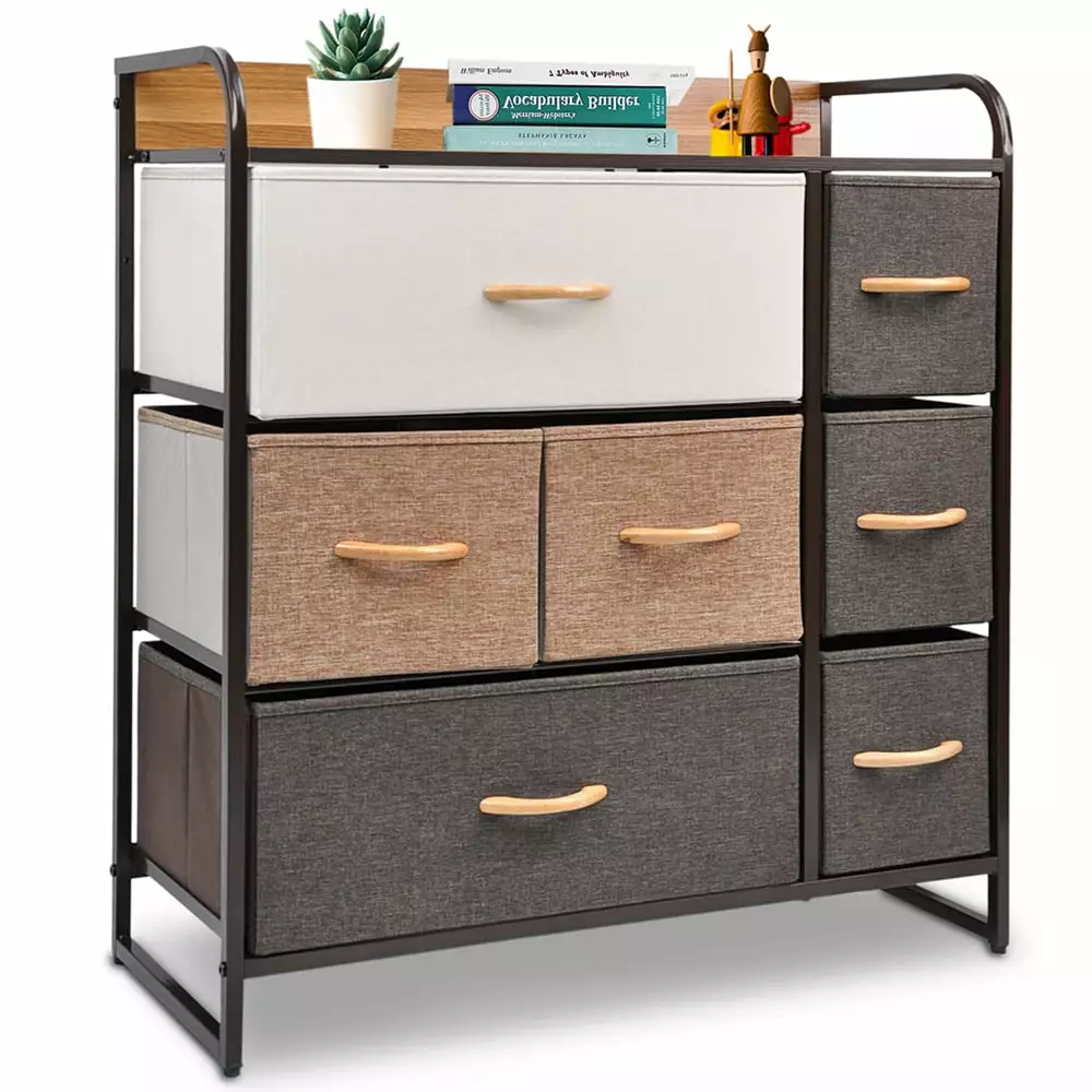 Bigroof Dresser 7 Drawers Closet Storage Bedroom Bathroom Steel Frame and Wood Top