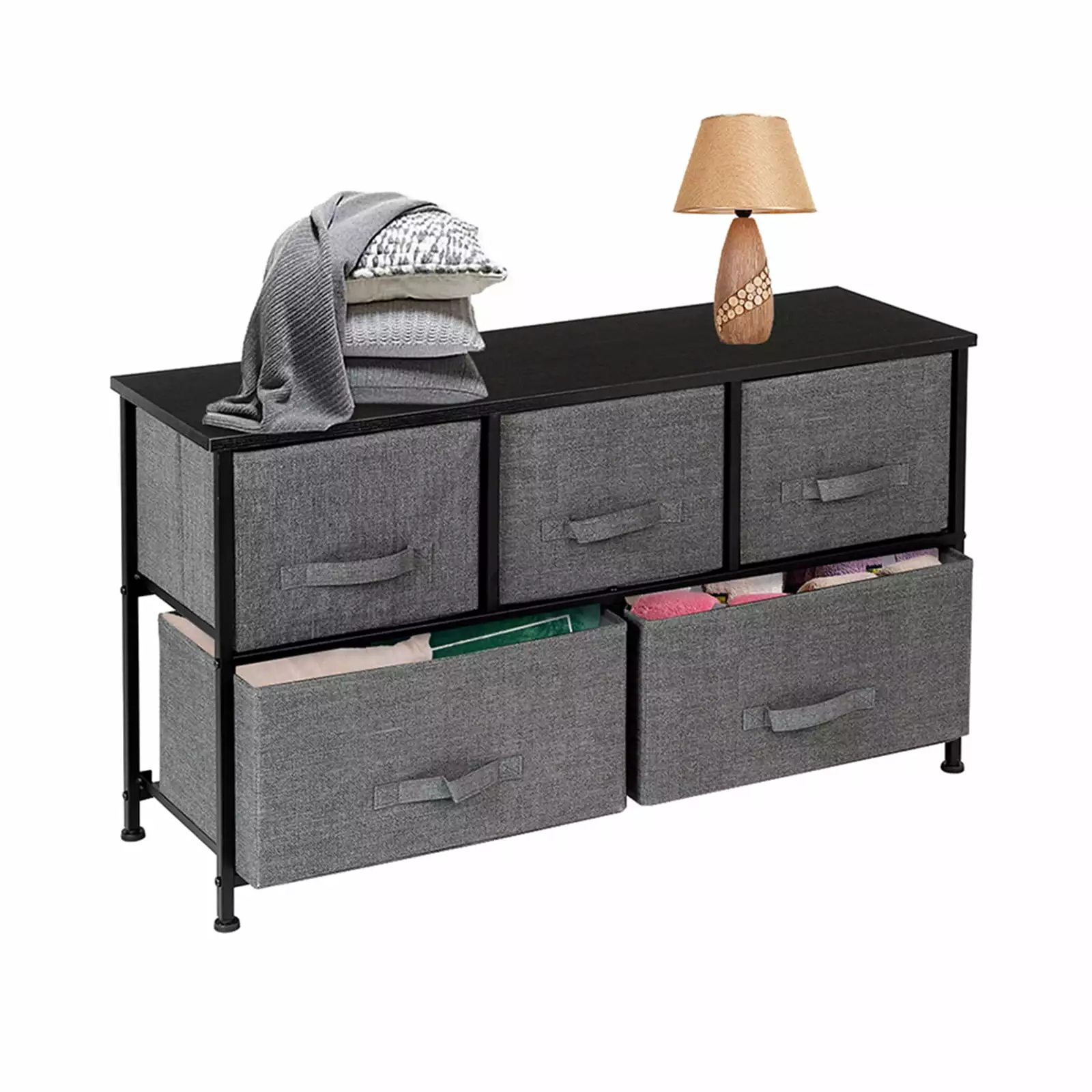 2-Tier Wide Closet Dresser Nursery Dresser Tower 5 Fabric Drawers and Metal Frame Gray Kepeak