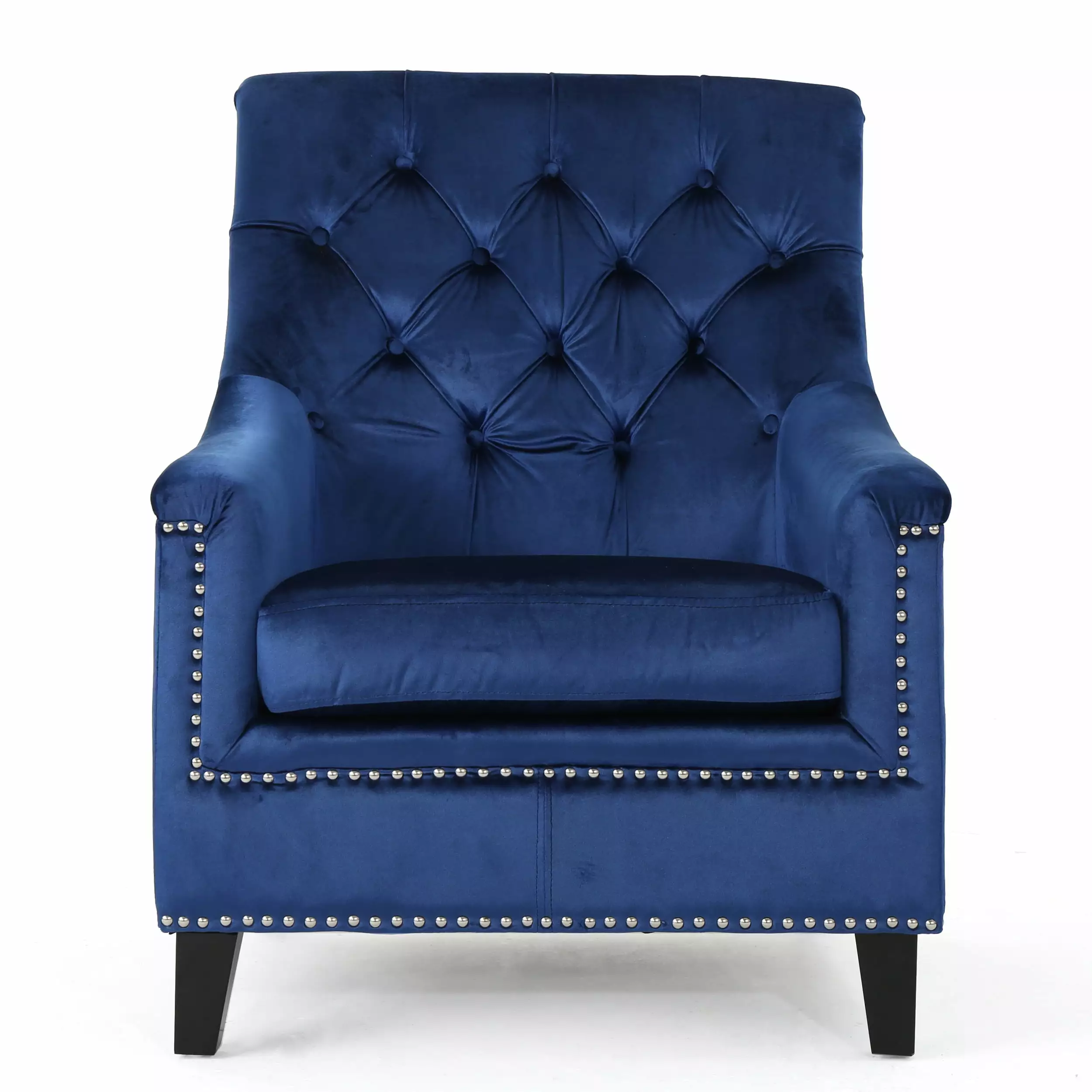 GDF Studio Jacey Contemporary Tufted Club Chair Navy Blue Velvet Nailhead Trim Dark Brown Legs GDFSTUDIO